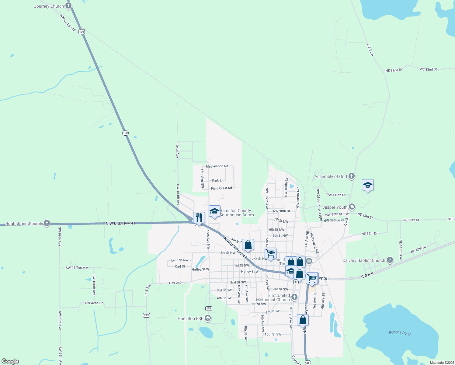 map of restaurants, bars, coffee shops, grocery stores, and more near 1120 Park Ln in Jasper