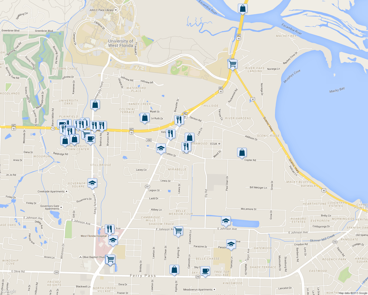 map of restaurants, bars, coffee shops, grocery stores, and more near 9230 Loomis St in Pensacola