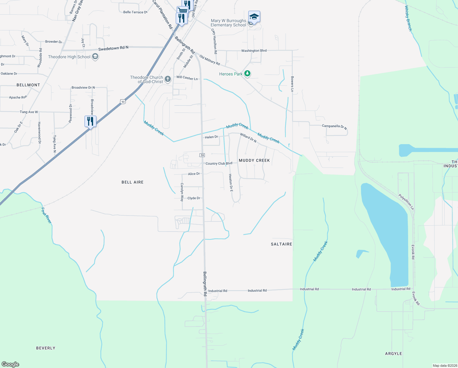 map of restaurants, bars, coffee shops, grocery stores, and more near 7770 Heaton Drive East in Theodore