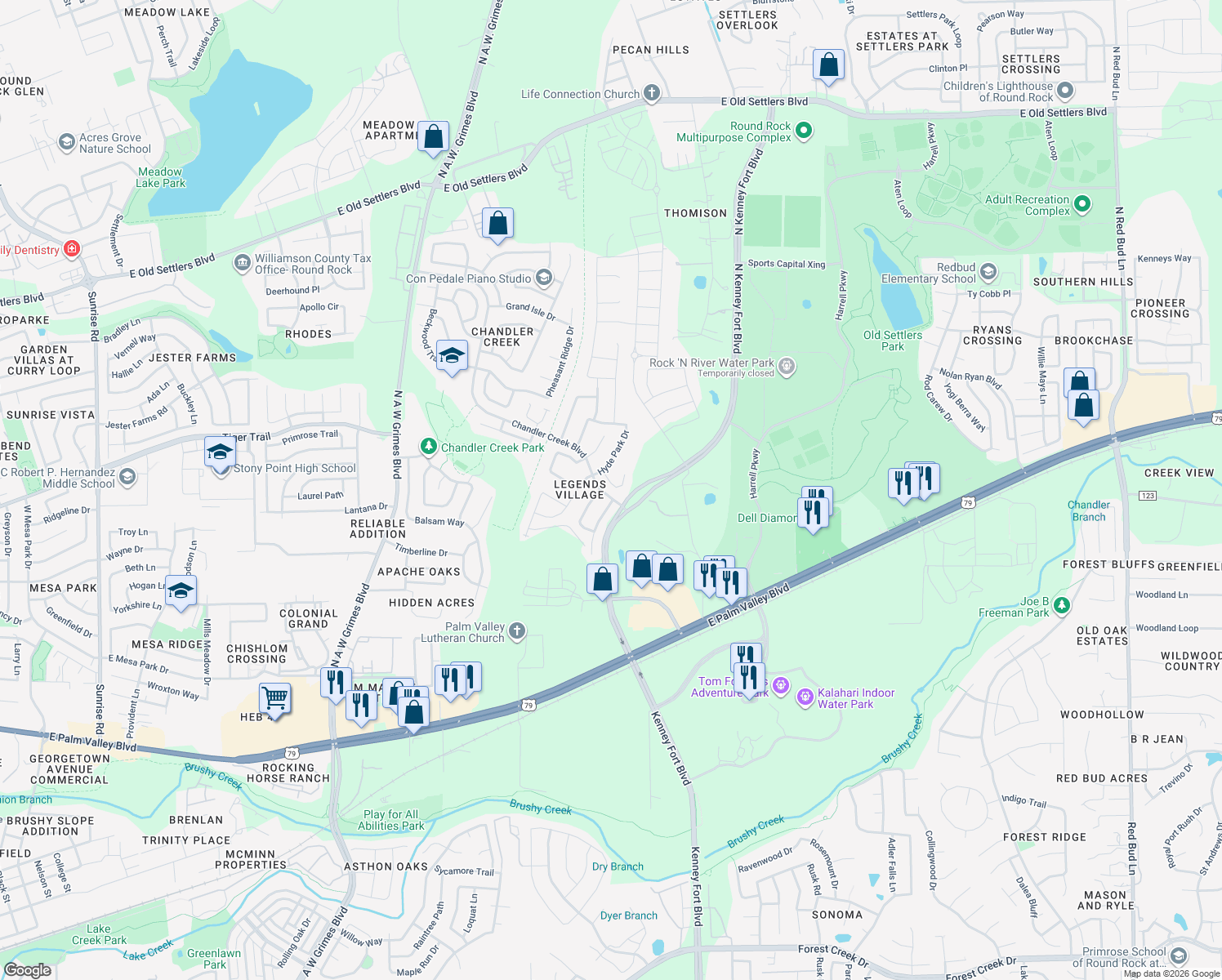 map of restaurants, bars, coffee shops, grocery stores, and more near 2721 Claremont Court in Round Rock