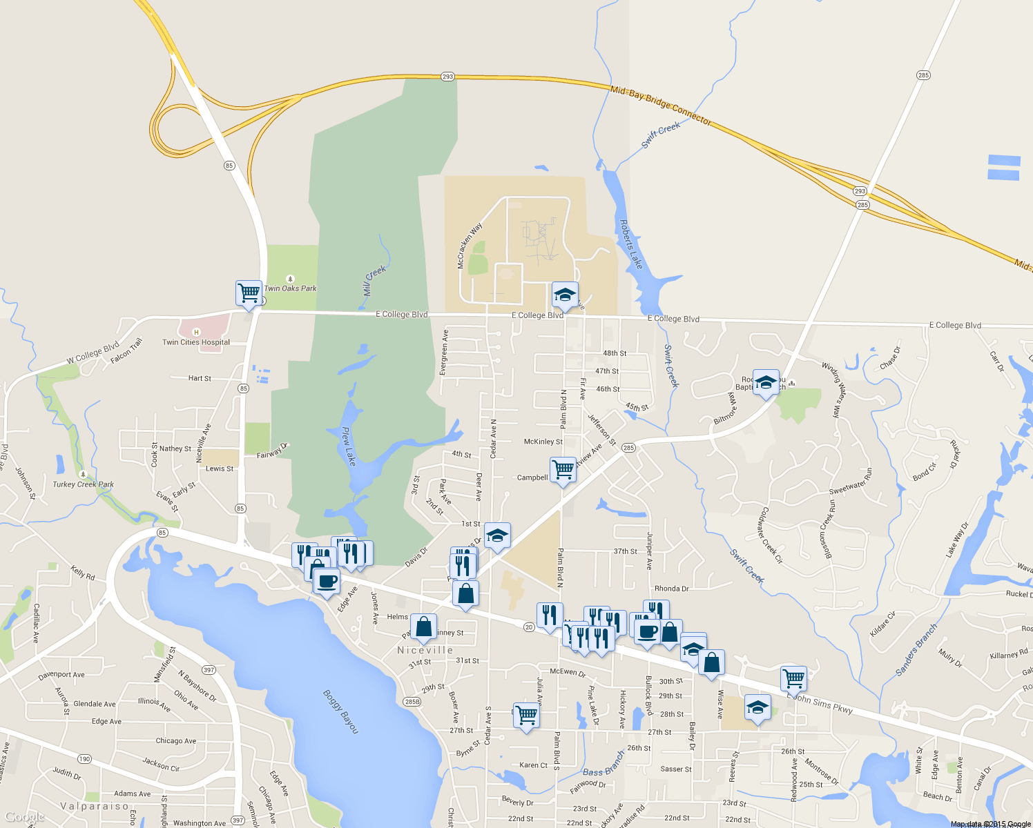 map of restaurants, bars, coffee shops, grocery stores, and more near 3918 Summerwood Court in Niceville