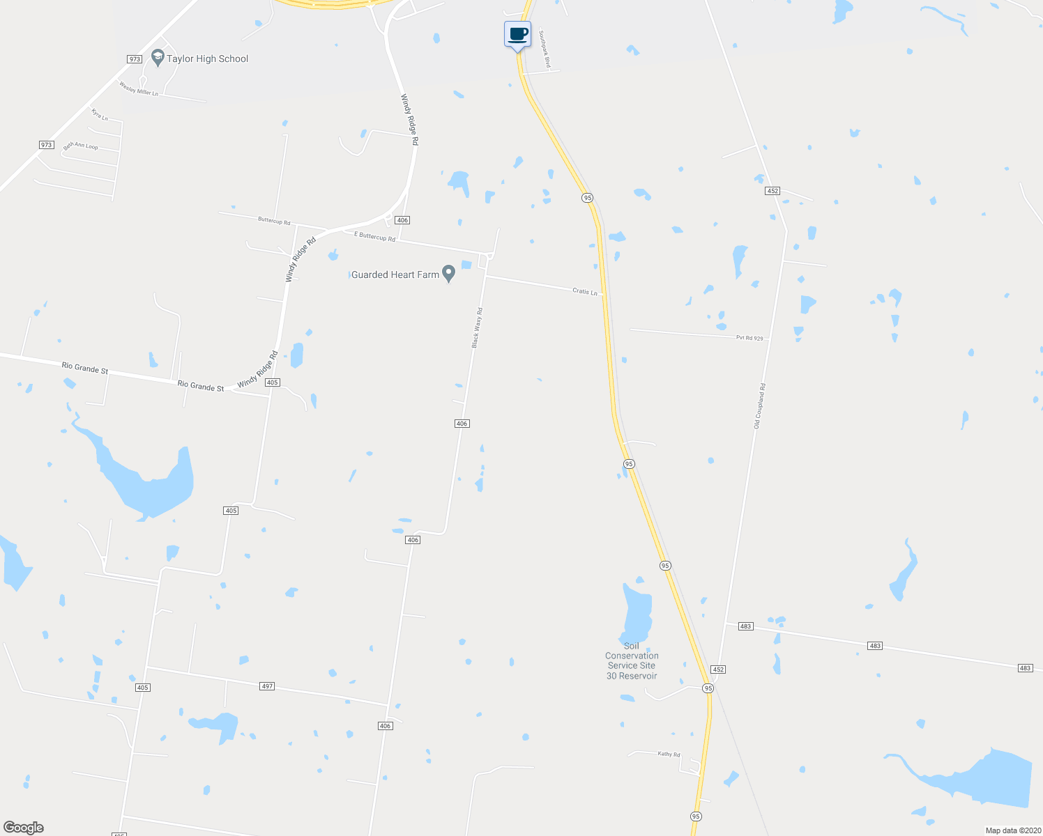 map of restaurants, bars, coffee shops, grocery stores, and more near 1115 County Road 406 in Taylor