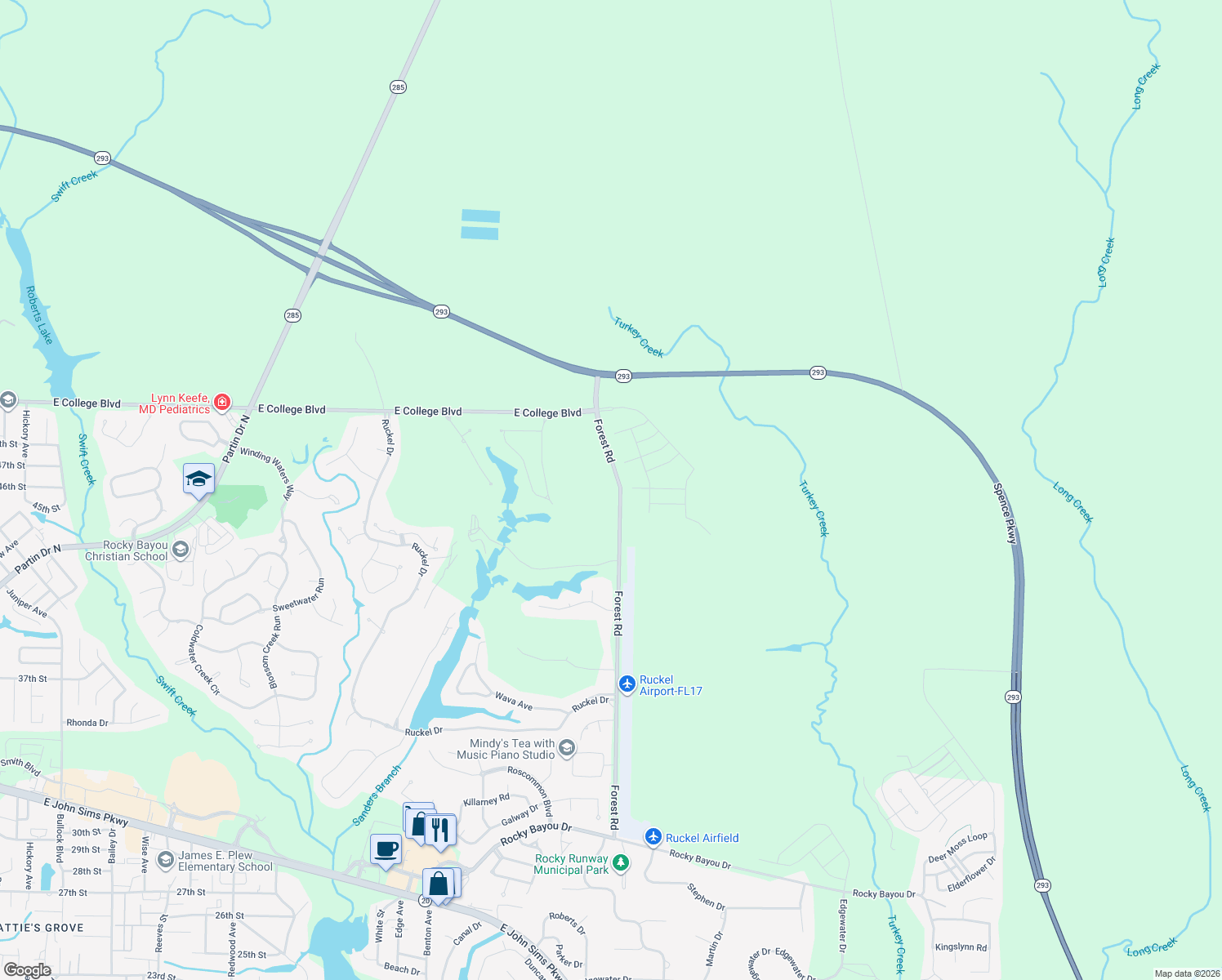 map of restaurants, bars, coffee shops, grocery stores, and more near 1113 Forest Road in Niceville
