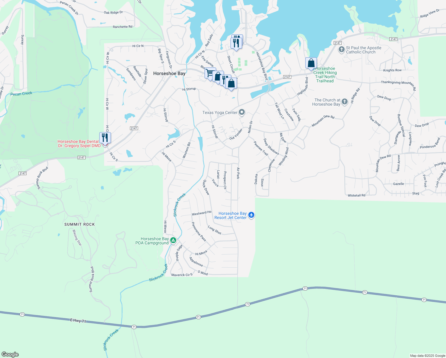 map of restaurants, bars, coffee shops, grocery stores, and more near 1402 Prospect Circle in Horseshoe Bay