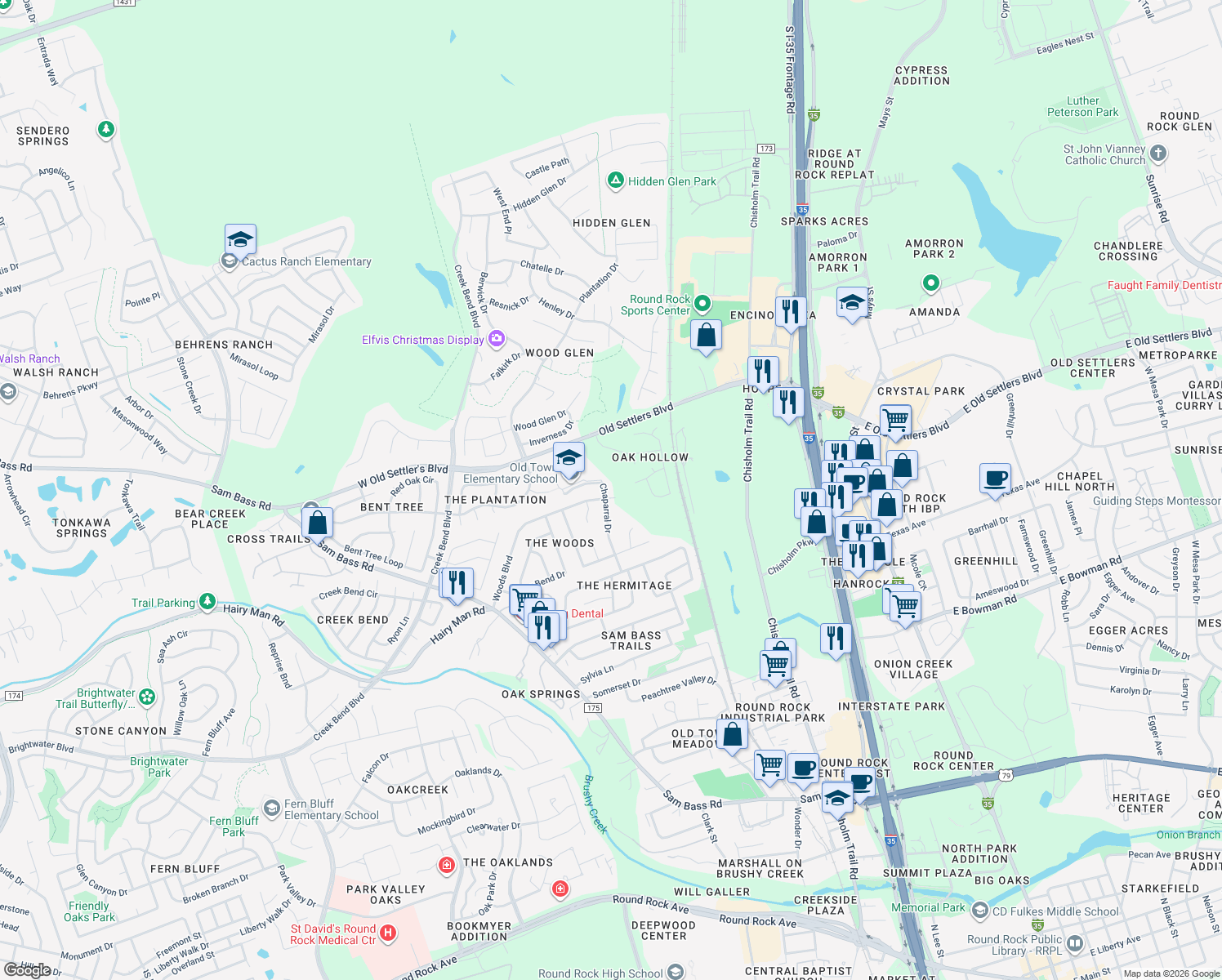 map of restaurants, bars, coffee shops, grocery stores, and more near 2103 Chaparral Drive in Round Rock