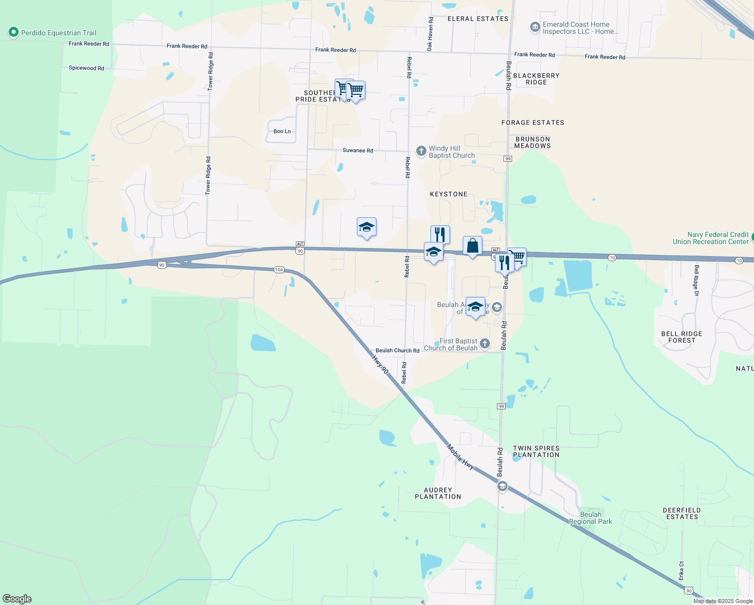 map of restaurants, bars, coffee shops, grocery stores, and more near 6043 Chester Drive in Pensacola