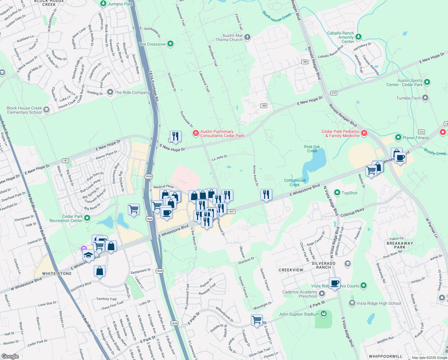 map of restaurants, bars, coffee shops, grocery stores, and more near 1220 Cottonwood Creek Trail in Cedar Park