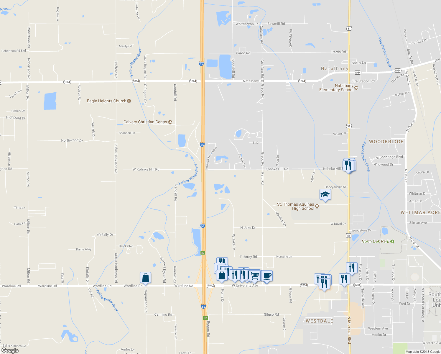 map of restaurants, bars, coffee shops, grocery stores, and more near 14086 Kohnke Hill Road in Hammond