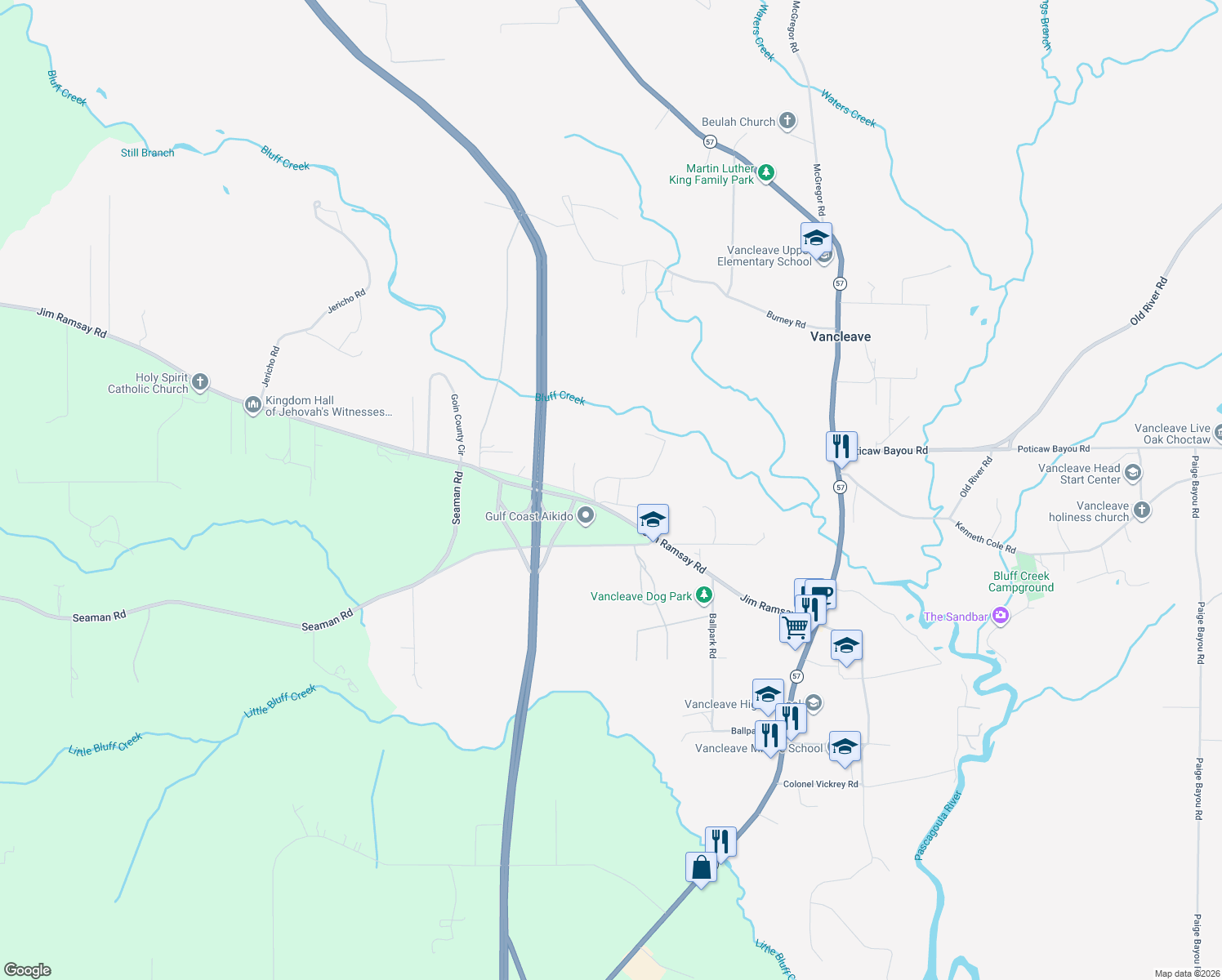 map of restaurants, bars, coffee shops, grocery stores, and more near 13104 Fairley Road in Vancleave
