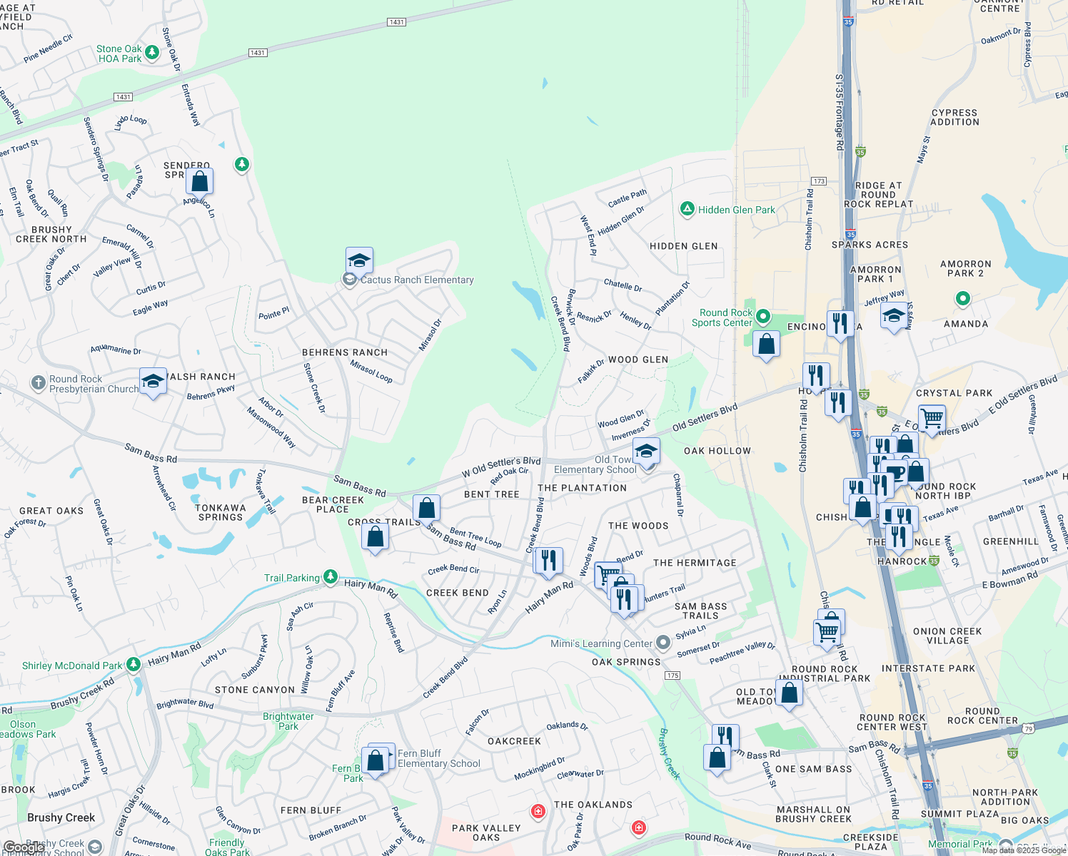 map of restaurants, bars, coffee shops, grocery stores, and more near 2302 Camino Del Verdes Place in Round Rock