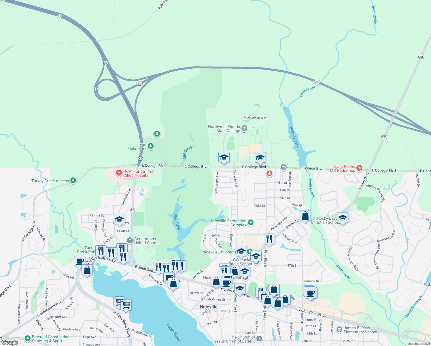 map of restaurants, bars, coffee shops, grocery stores, and more near 333 Evergreen Avenue in Niceville
