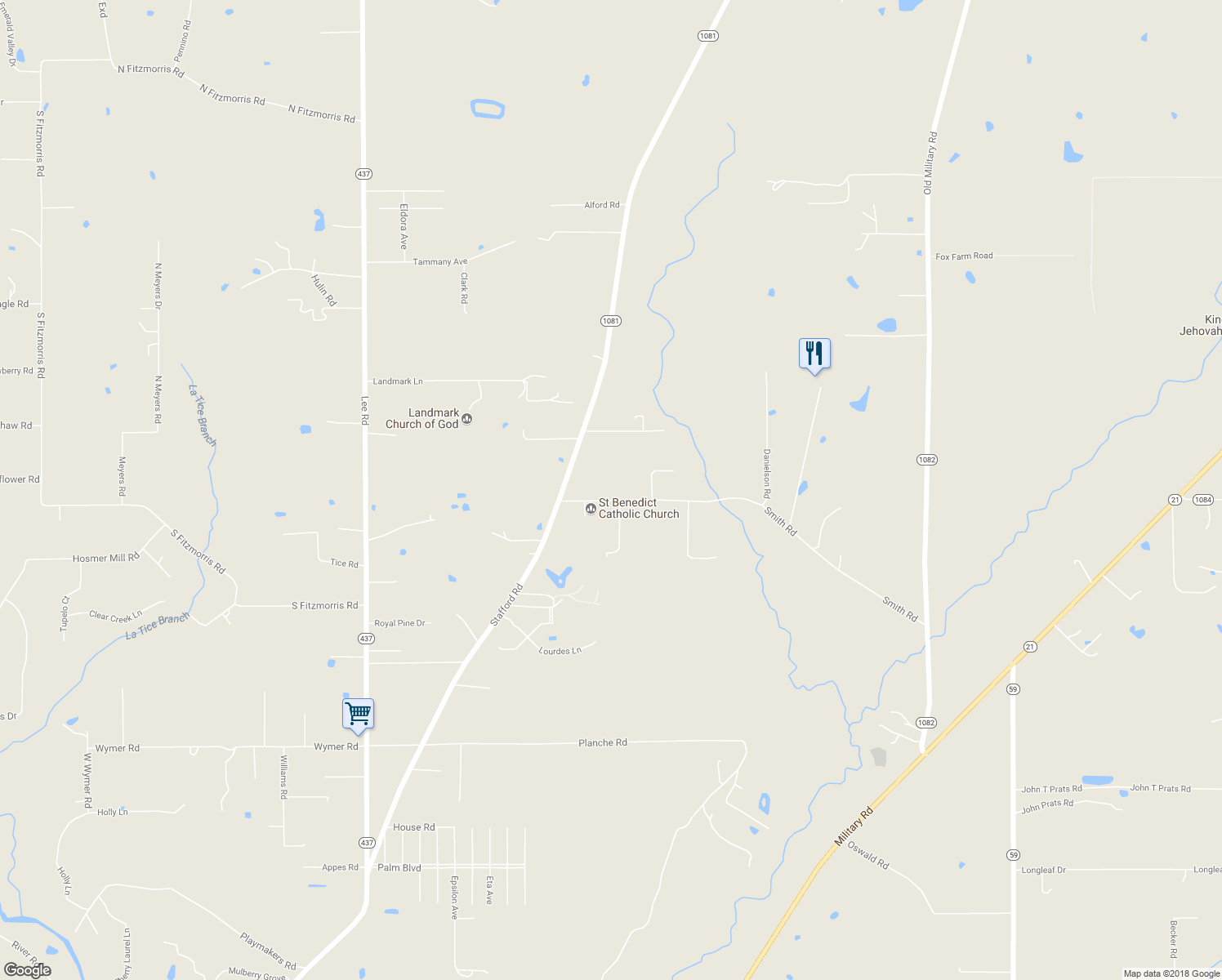 map of restaurants, bars, coffee shops, grocery stores, and more near 20407 Smith Road in Covington