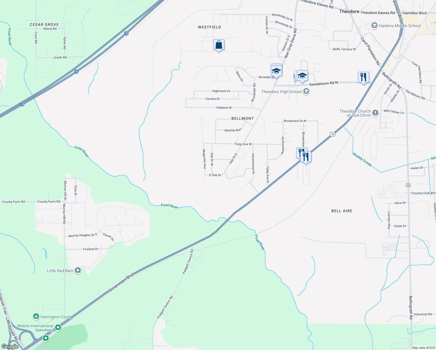map of restaurants, bars, coffee shops, grocery stores, and more near 575 Oak Dr S in Theodore