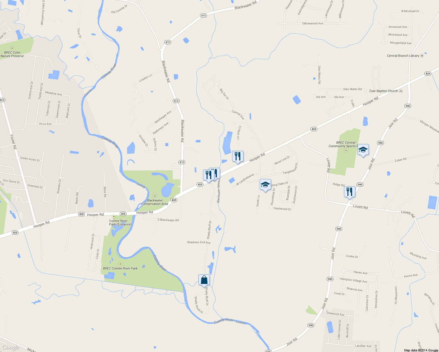 map of restaurants, bars, coffee shops, grocery stores, and more near 9680 Hooper Rd in Baton Rouge