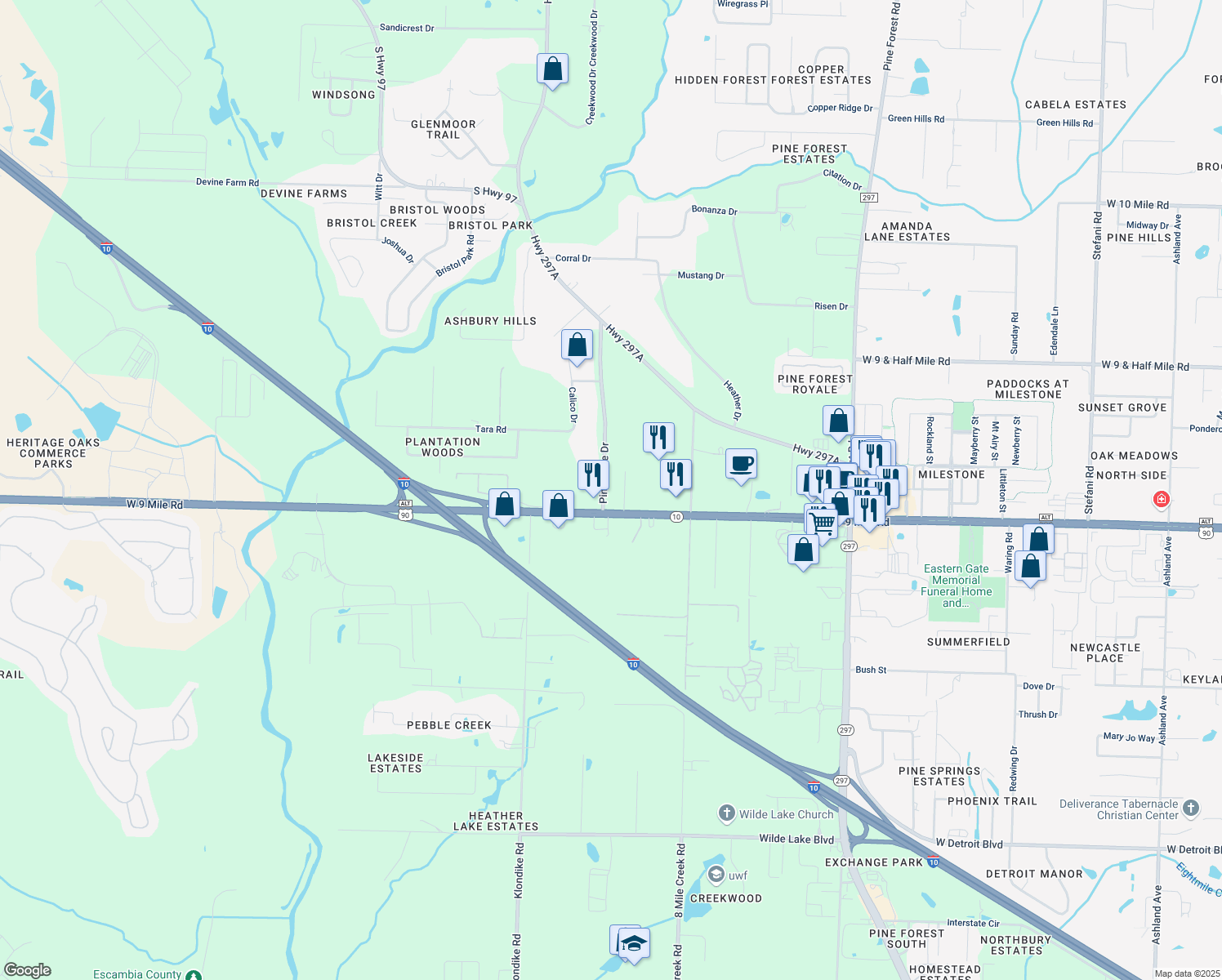 map of restaurants, bars, coffee shops, grocery stores, and more near 9520 Pine Cone Drive in Escambia County