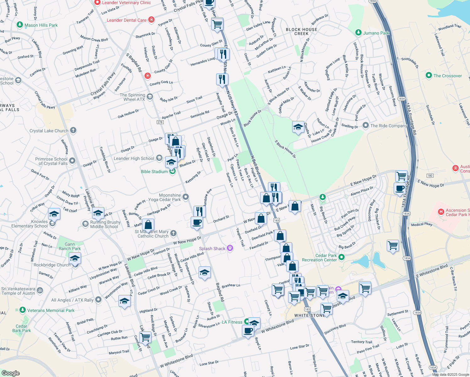 map of restaurants, bars, coffee shops, grocery stores, and more near 2204 Sumac Lane in Cedar Park