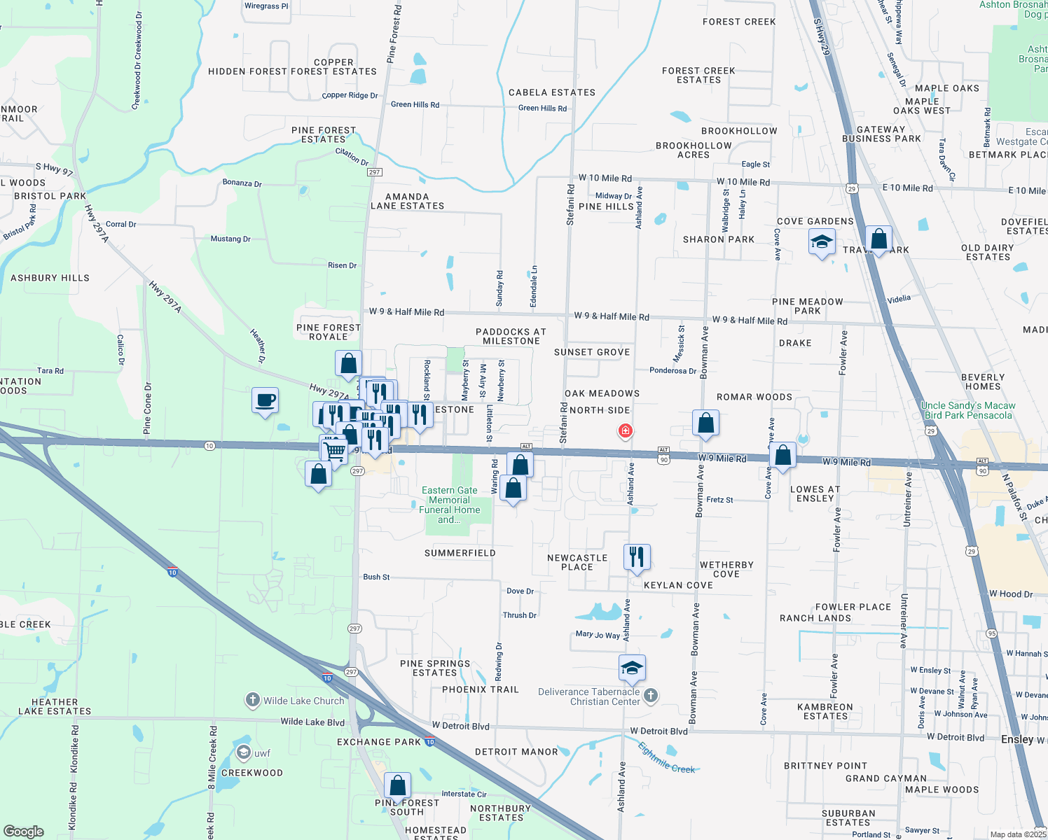 map of restaurants, bars, coffee shops, grocery stores, and more near 11 Easton Street in Ensley