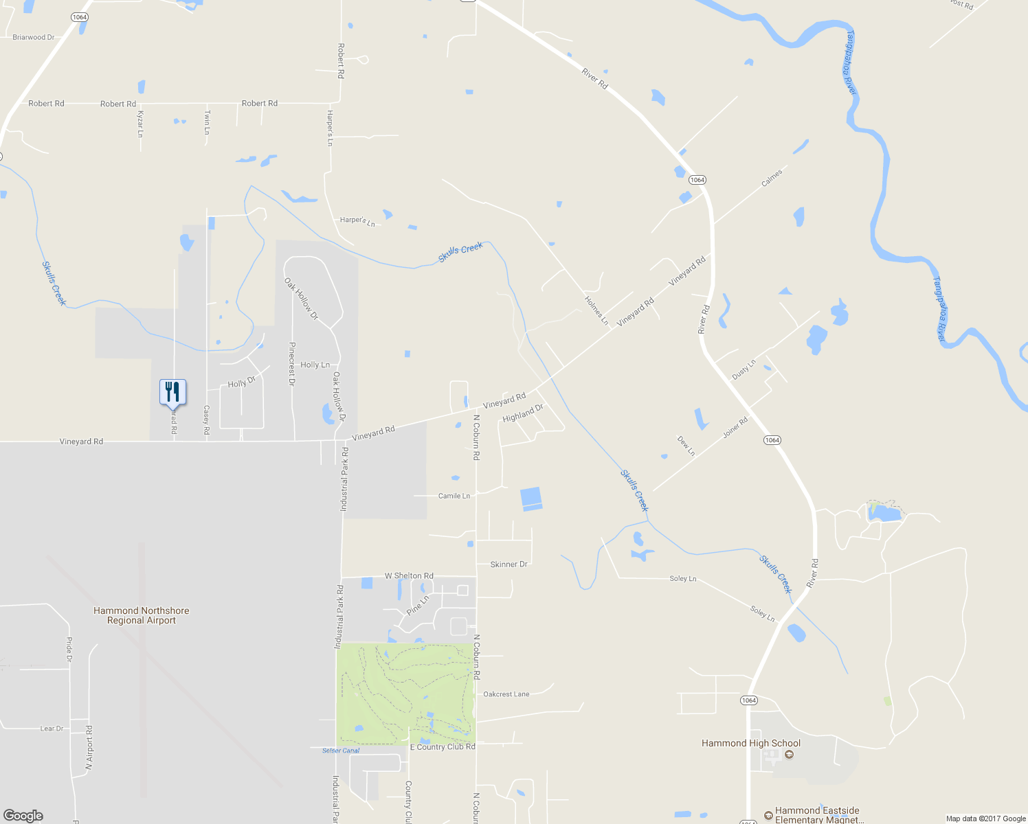 map of restaurants, bars, coffee shops, grocery stores, and more near 46593 Highland Drive in Hammond