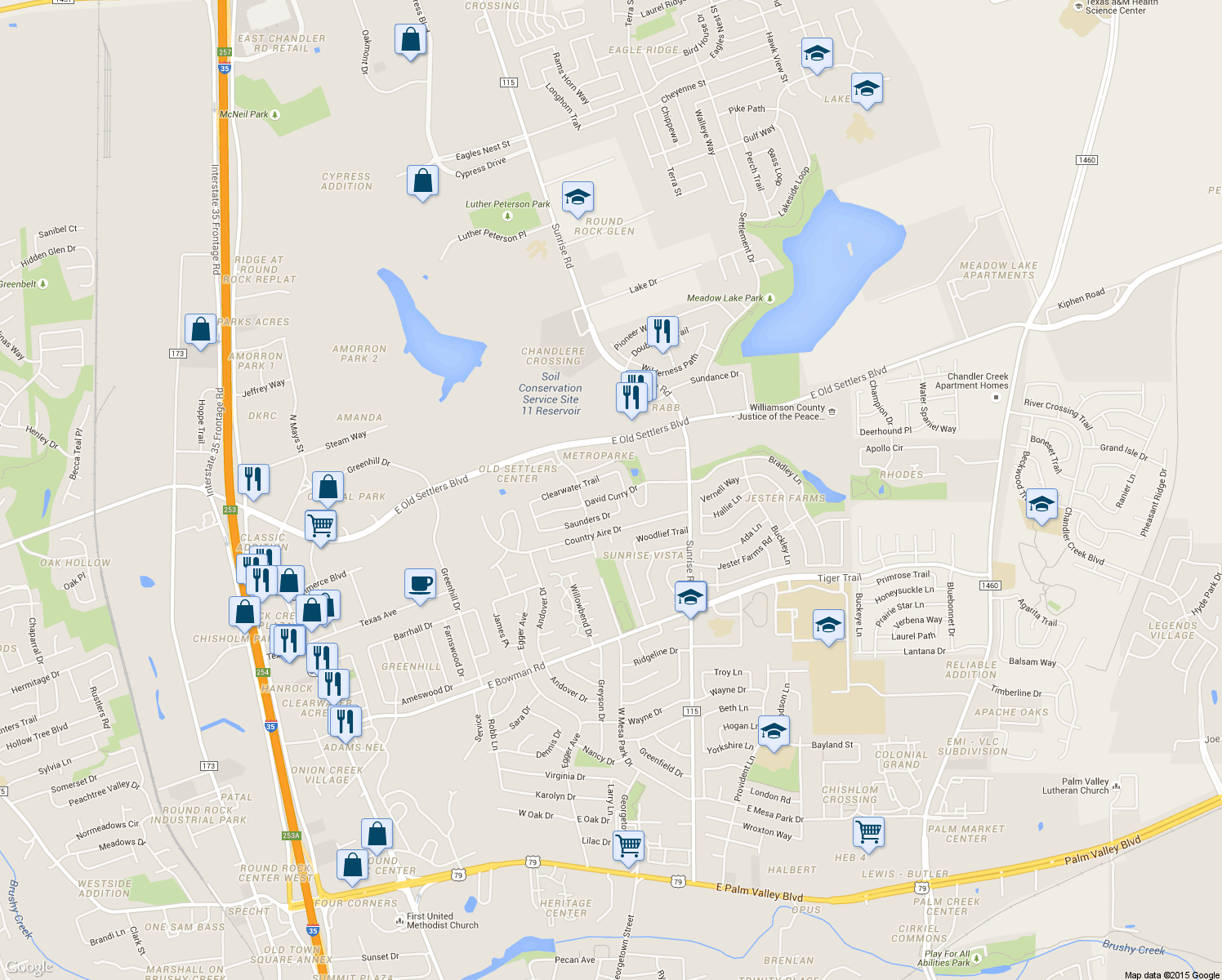 map of restaurants, bars, coffee shops, grocery stores, and more near 810-812 David Curry Drive in Round Rock