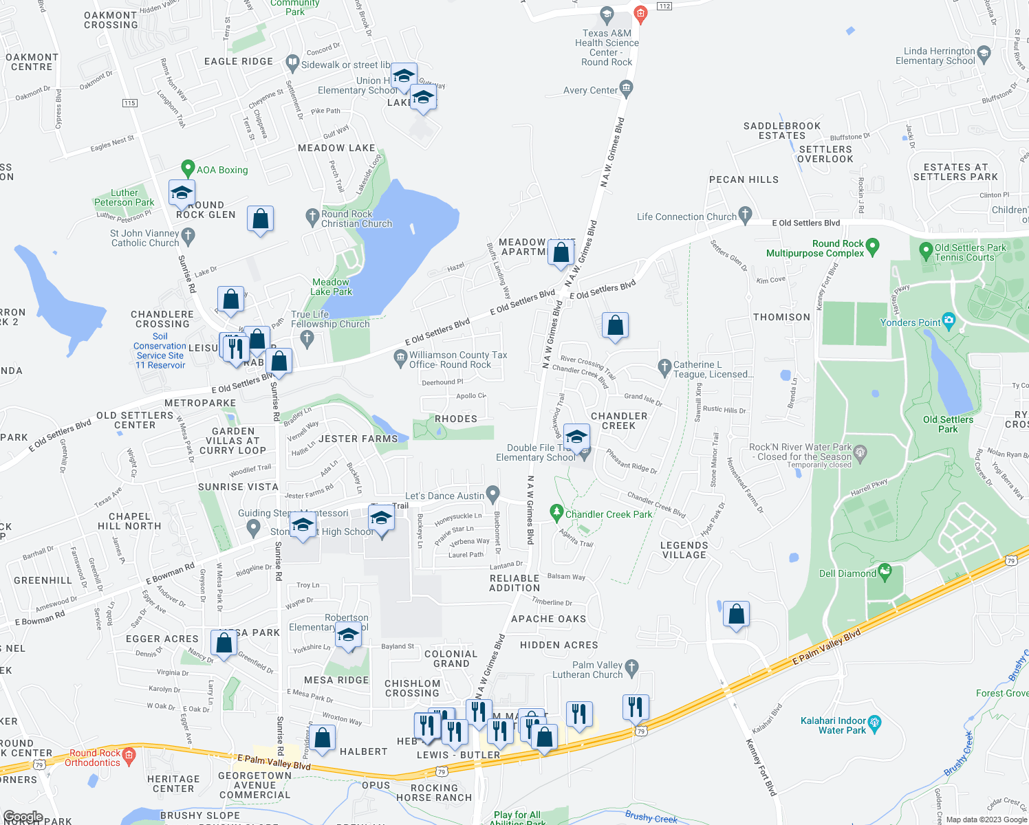 map of restaurants, bars, coffee shops, grocery stores, and more near 2600 N A W Grimes Blvd in Round Rock