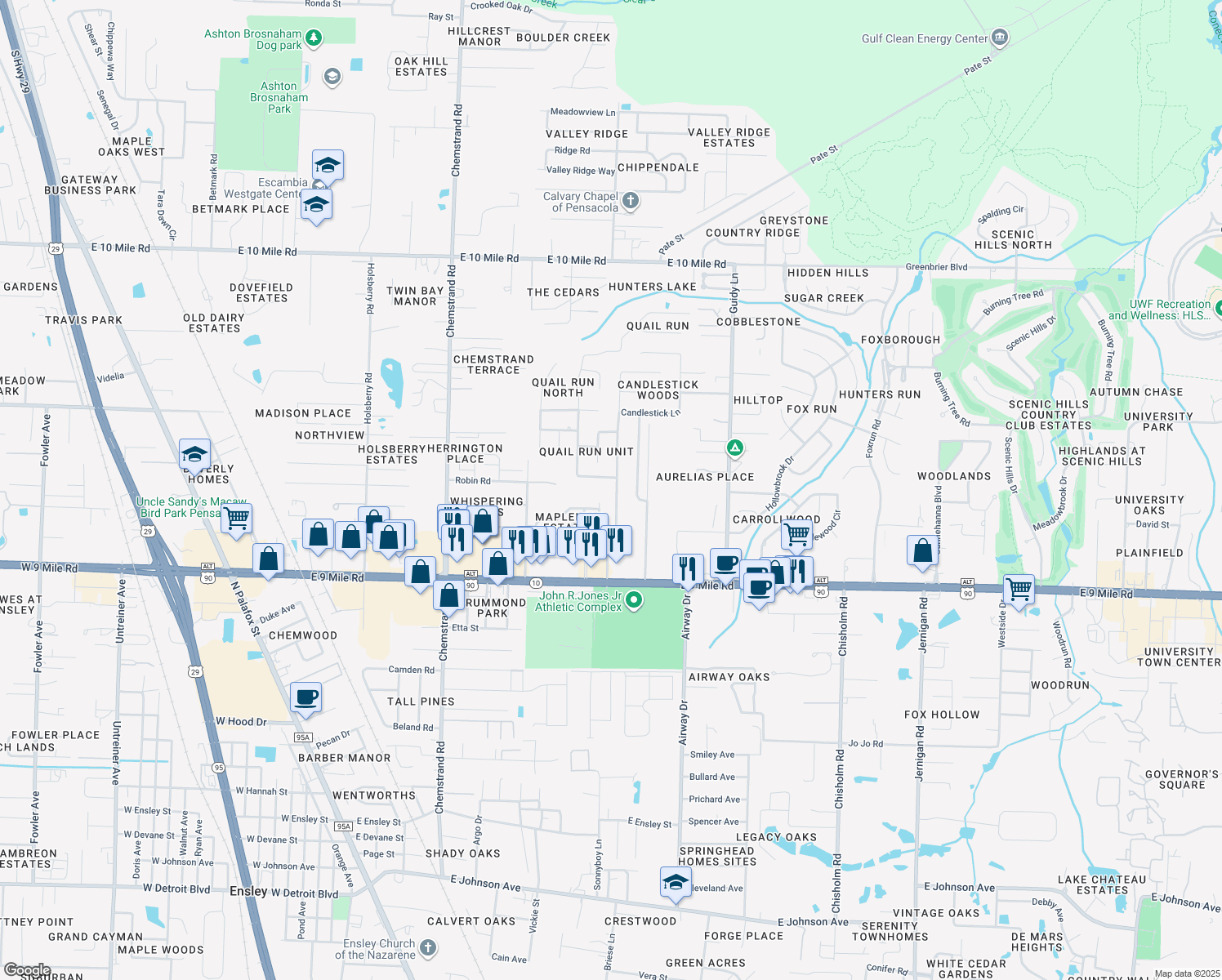 map of restaurants, bars, coffee shops, grocery stores, and more near 9553 Hummingbird Boulevard in Pensacola