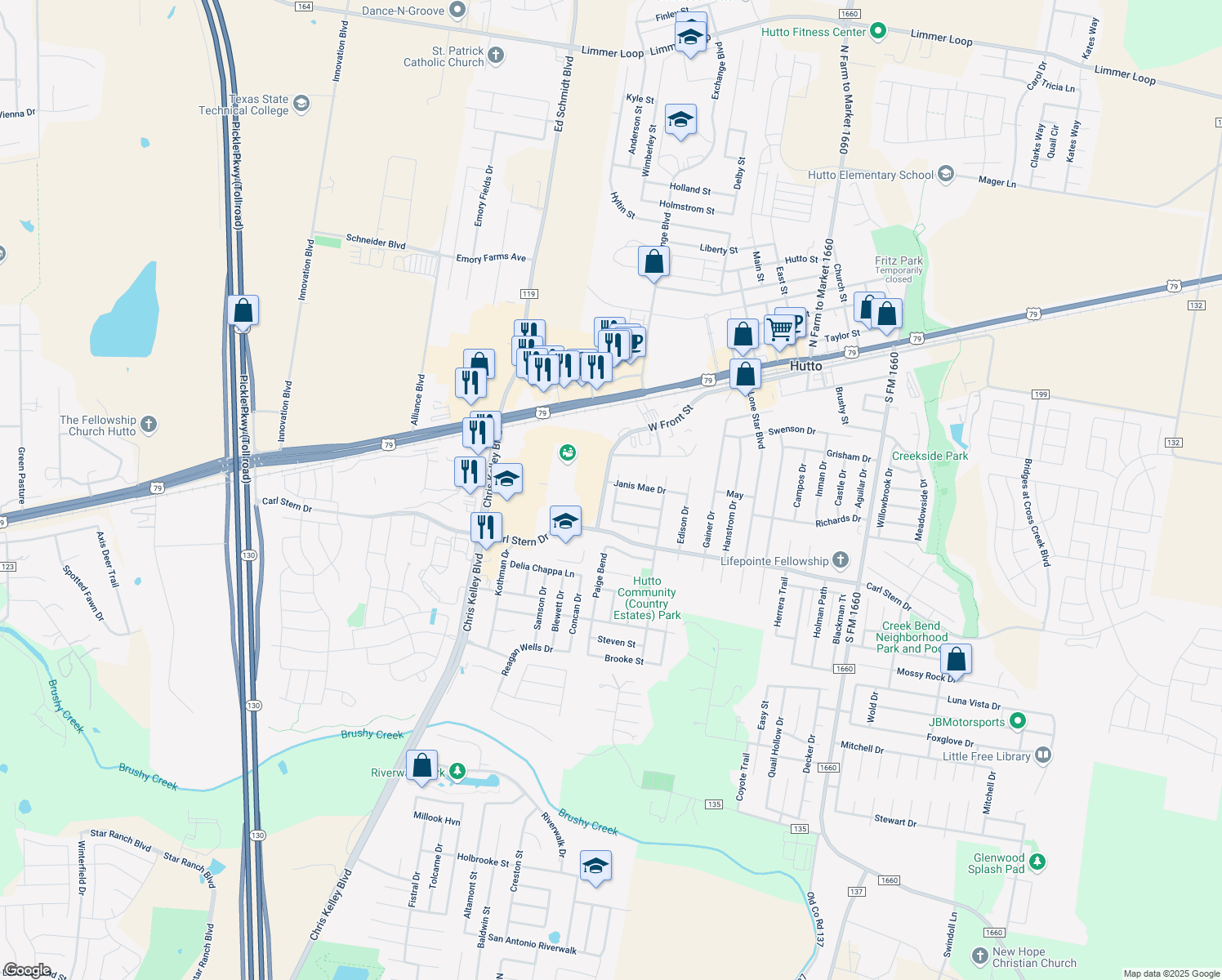 map of restaurants, bars, coffee shops, grocery stores, and more near 305 Warner Bend in Hutto