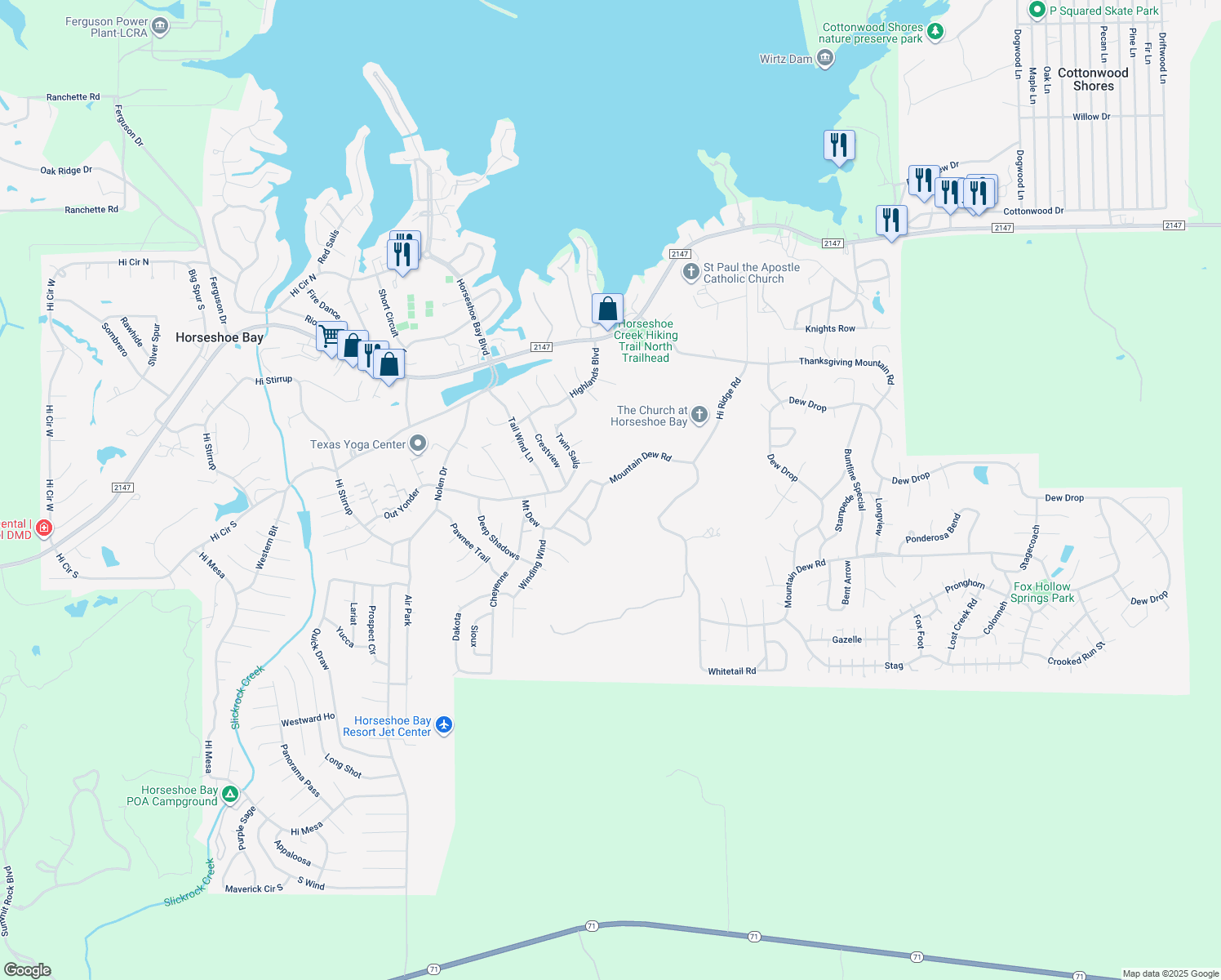 map of restaurants, bars, coffee shops, grocery stores, and more near 801B Grassy Knoll in Horseshoe Bay