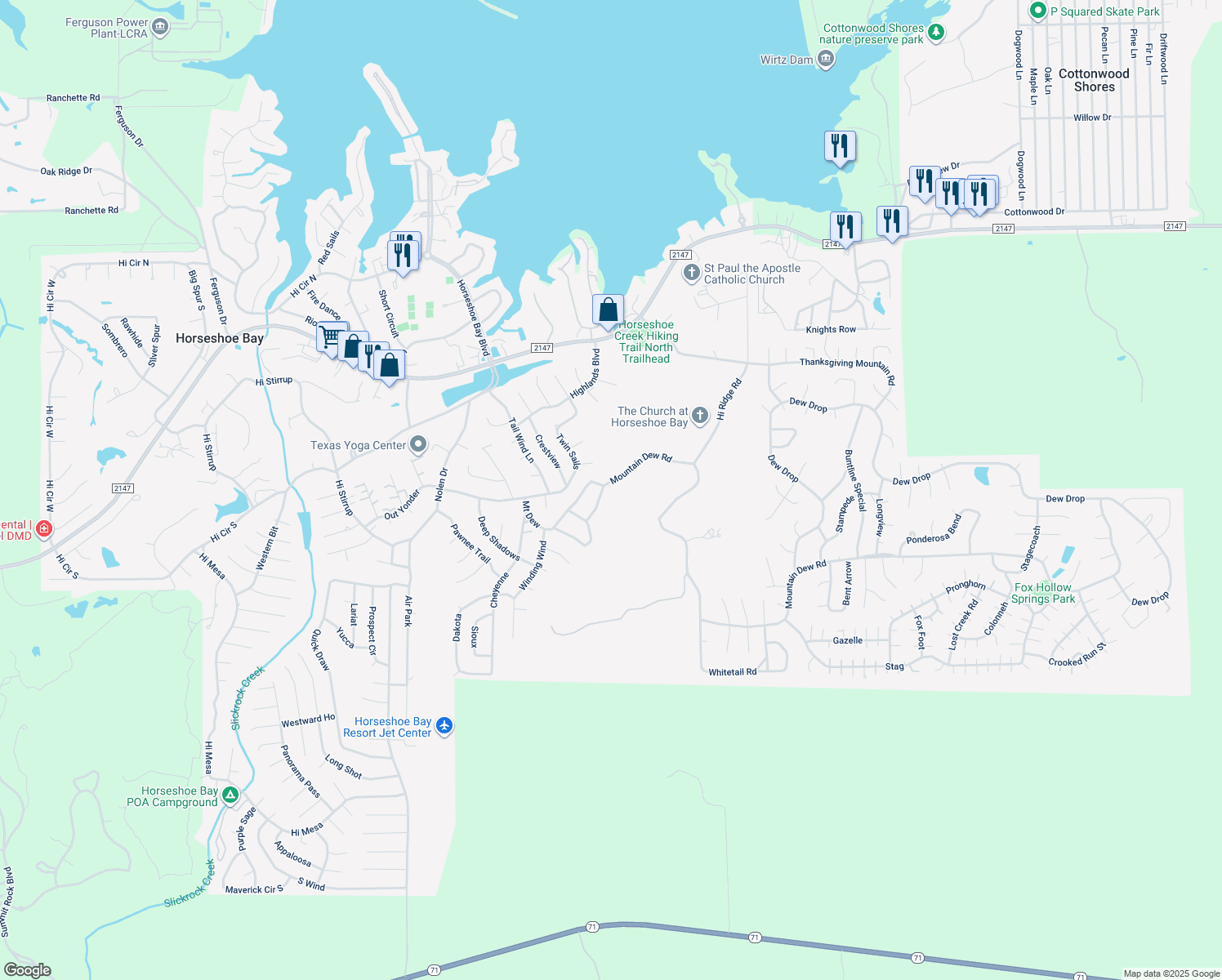 map of restaurants, bars, coffee shops, grocery stores, and more near 801B Grassy Knoll in Horseshoe Bay
