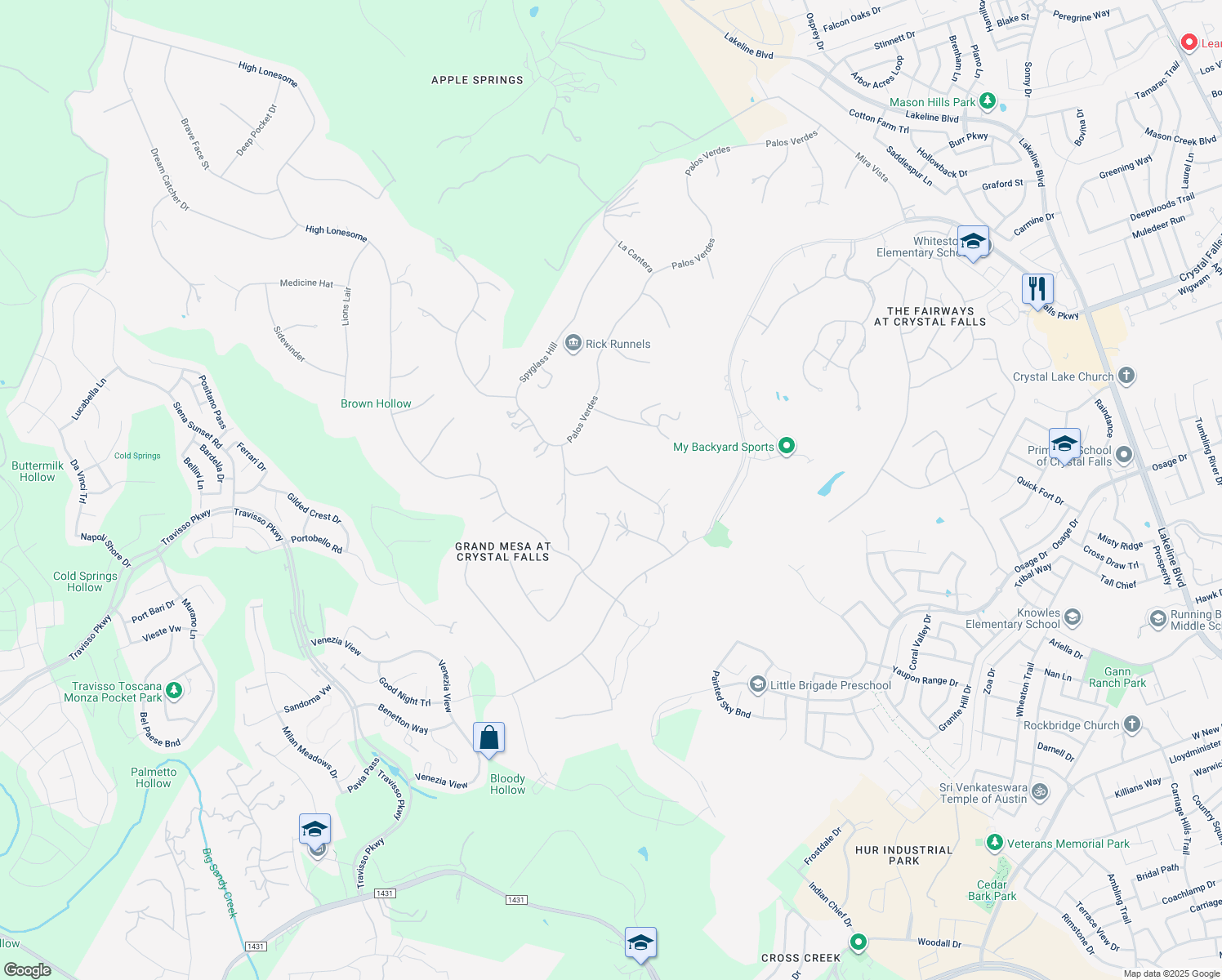 map of restaurants, bars, coffee shops, grocery stores, and more near 1317 Pasa Tiempo Road in Leander