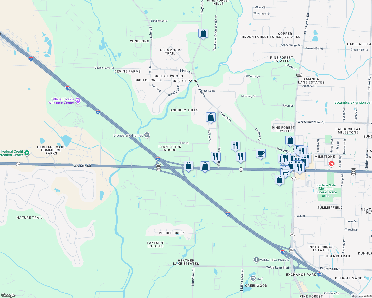map of restaurants, bars, coffee shops, grocery stores, and more near 454 Bocage Road in Escambia County