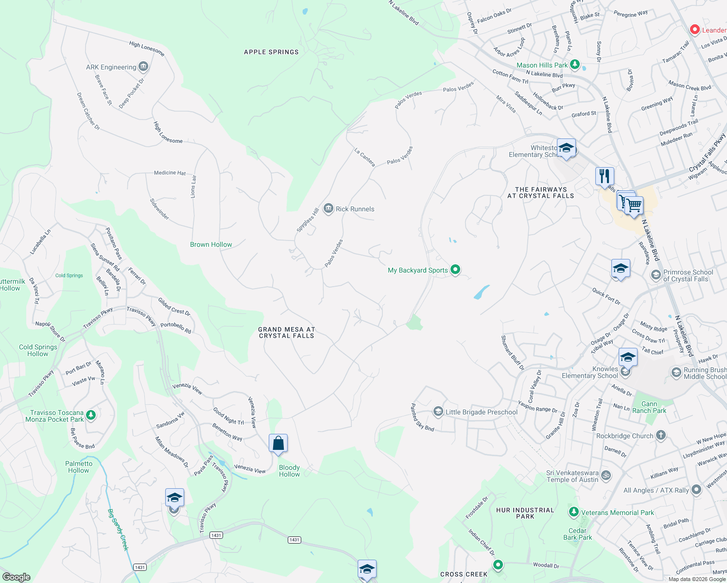 map of restaurants, bars, coffee shops, grocery stores, and more near 1314 Pasa Tiempo Road in Leander