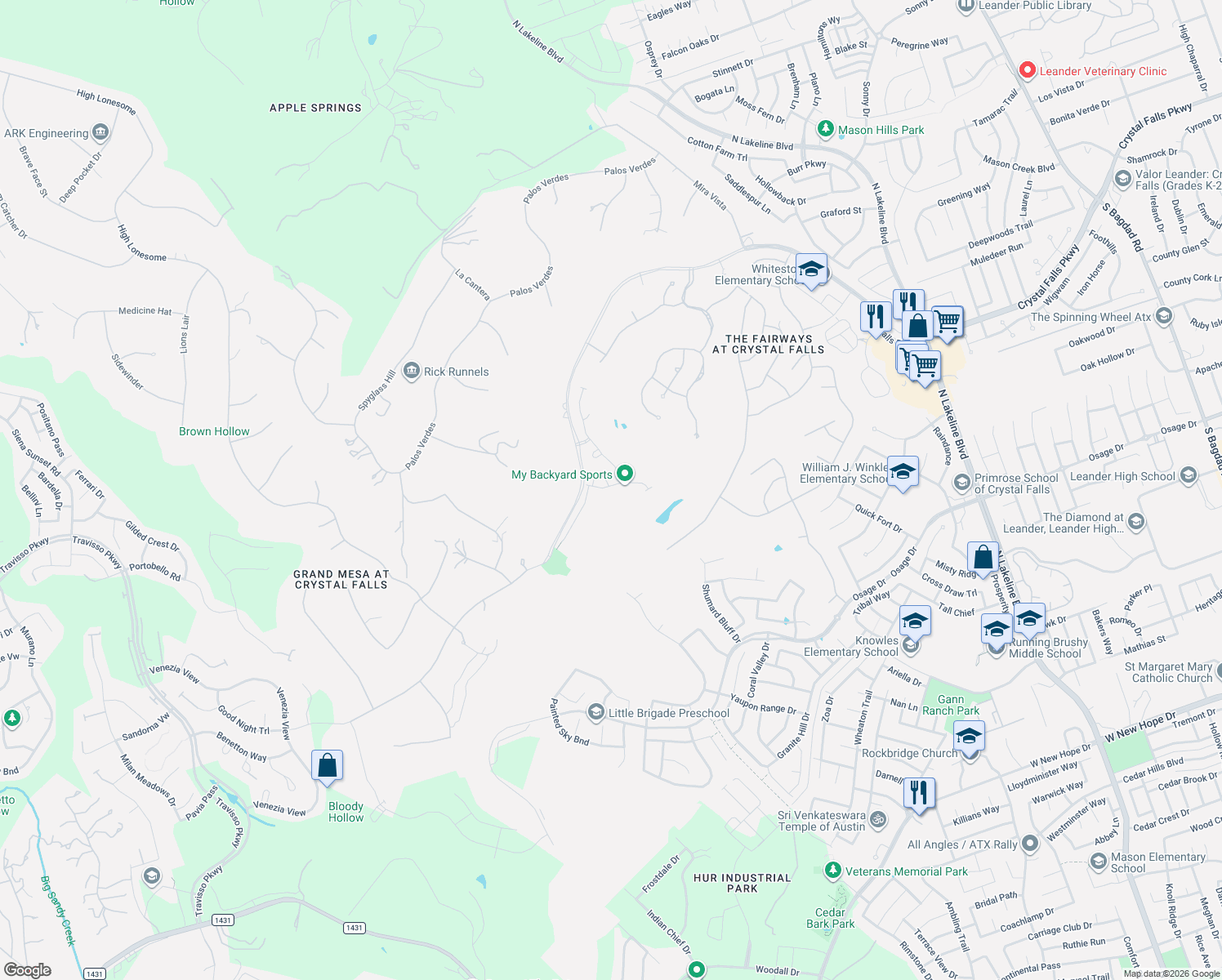 map of restaurants, bars, coffee shops, grocery stores, and more near 2540 Costa del Sol Drive in Leander