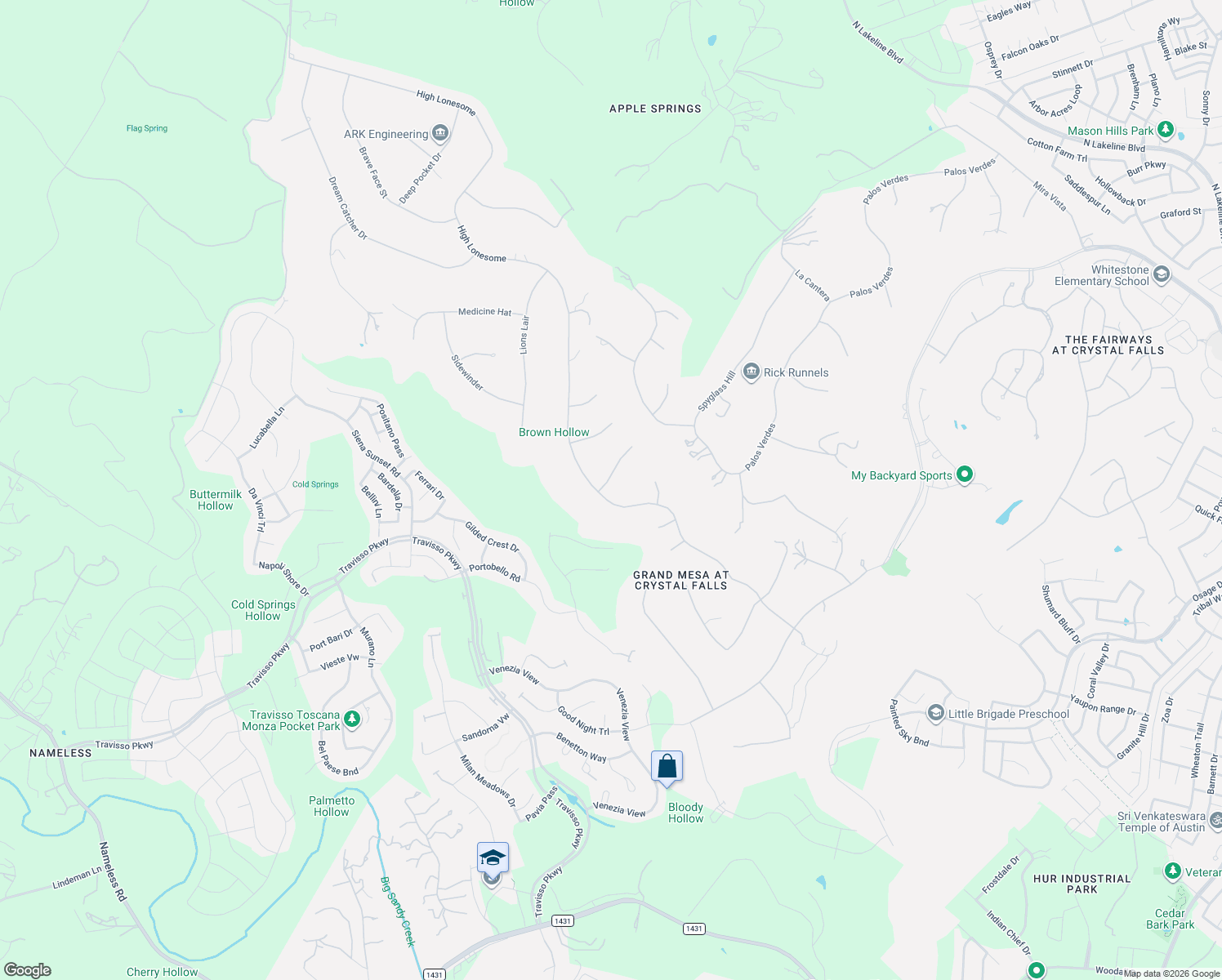 map of restaurants, bars, coffee shops, grocery stores, and more near 3506 Bachelor Gulch in Leander