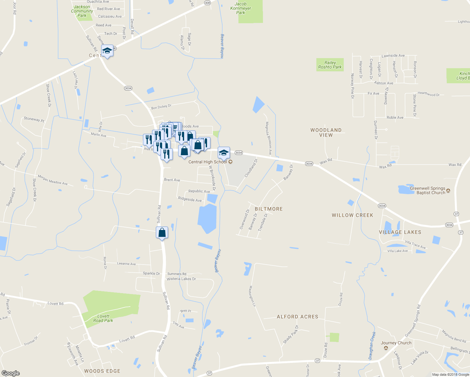 map of restaurants, bars, coffee shops, grocery stores, and more near 15432 Brighton Avenue in Baton Rouge