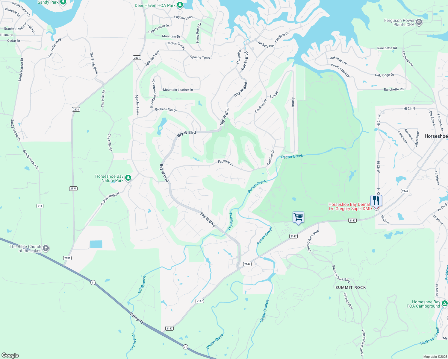 map of restaurants, bars, coffee shops, grocery stores, and more near 702 Shadow Hill Road in Horseshoe Bay