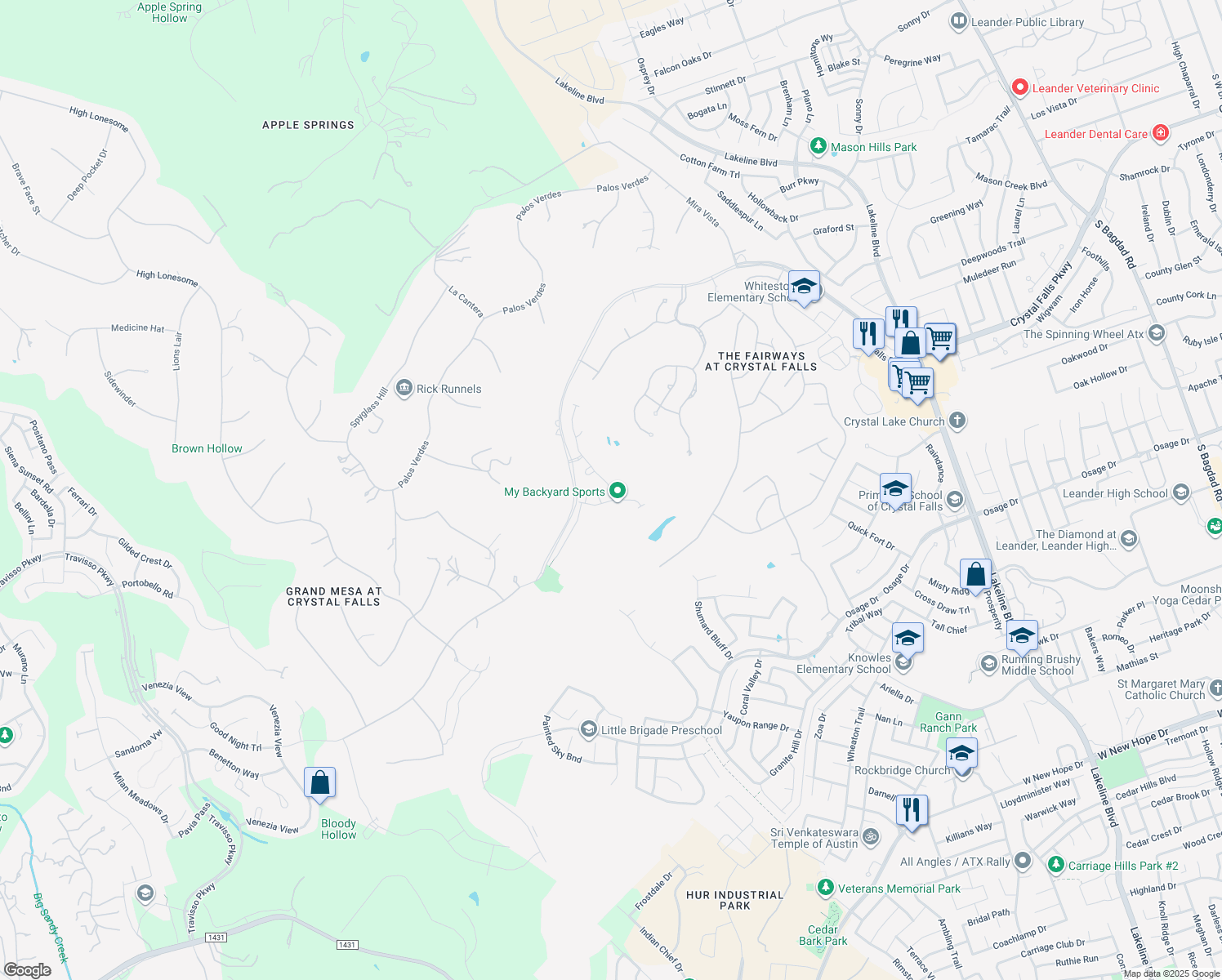 map of restaurants, bars, coffee shops, grocery stores, and more near 2016 Mazarro Drive in Leander