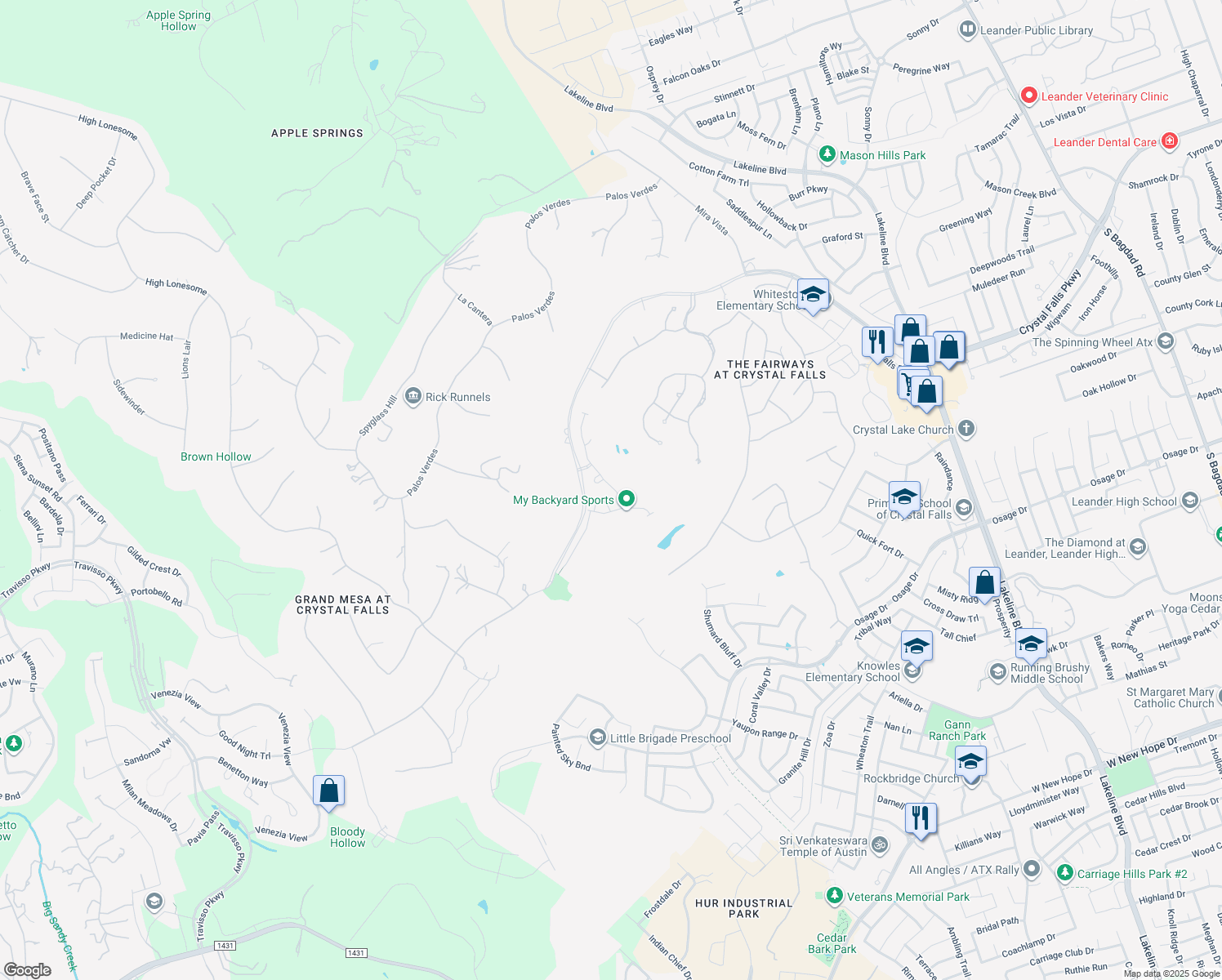 map of restaurants, bars, coffee shops, grocery stores, and more near 2016 Mazarro Drive in Leander