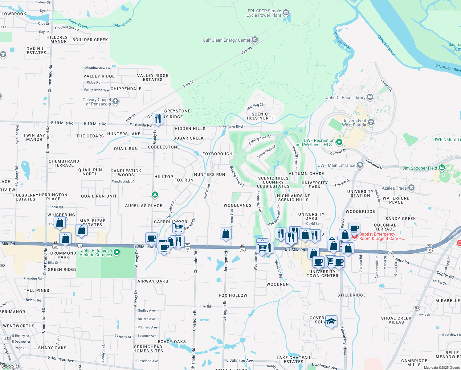 map of restaurants, bars, coffee shops, grocery stores, and more near 2261 Pine Needles Circle in Pensacola