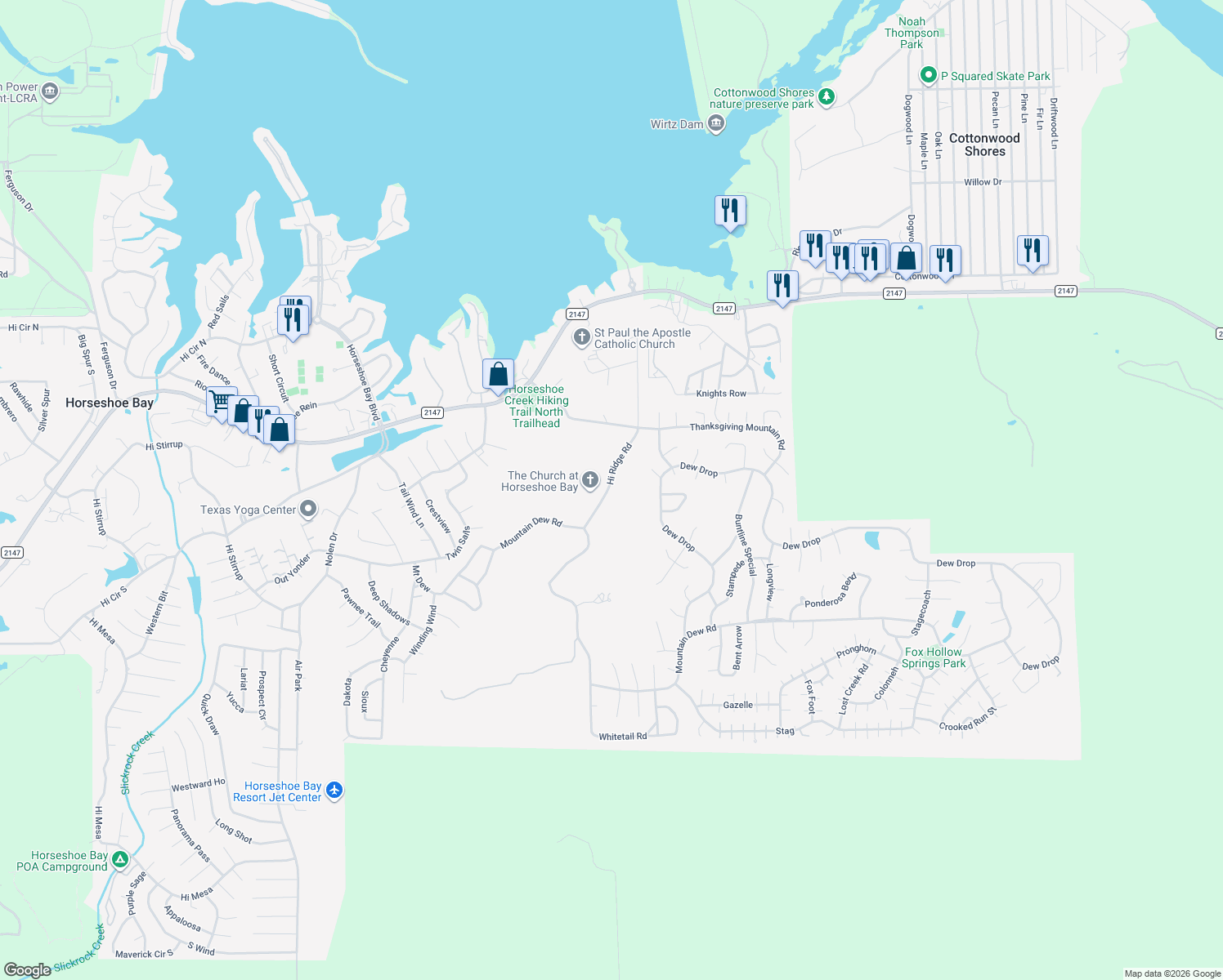 map of restaurants, bars, coffee shops, grocery stores, and more near 600 Hi Ridge Road in Horseshoe Bay
