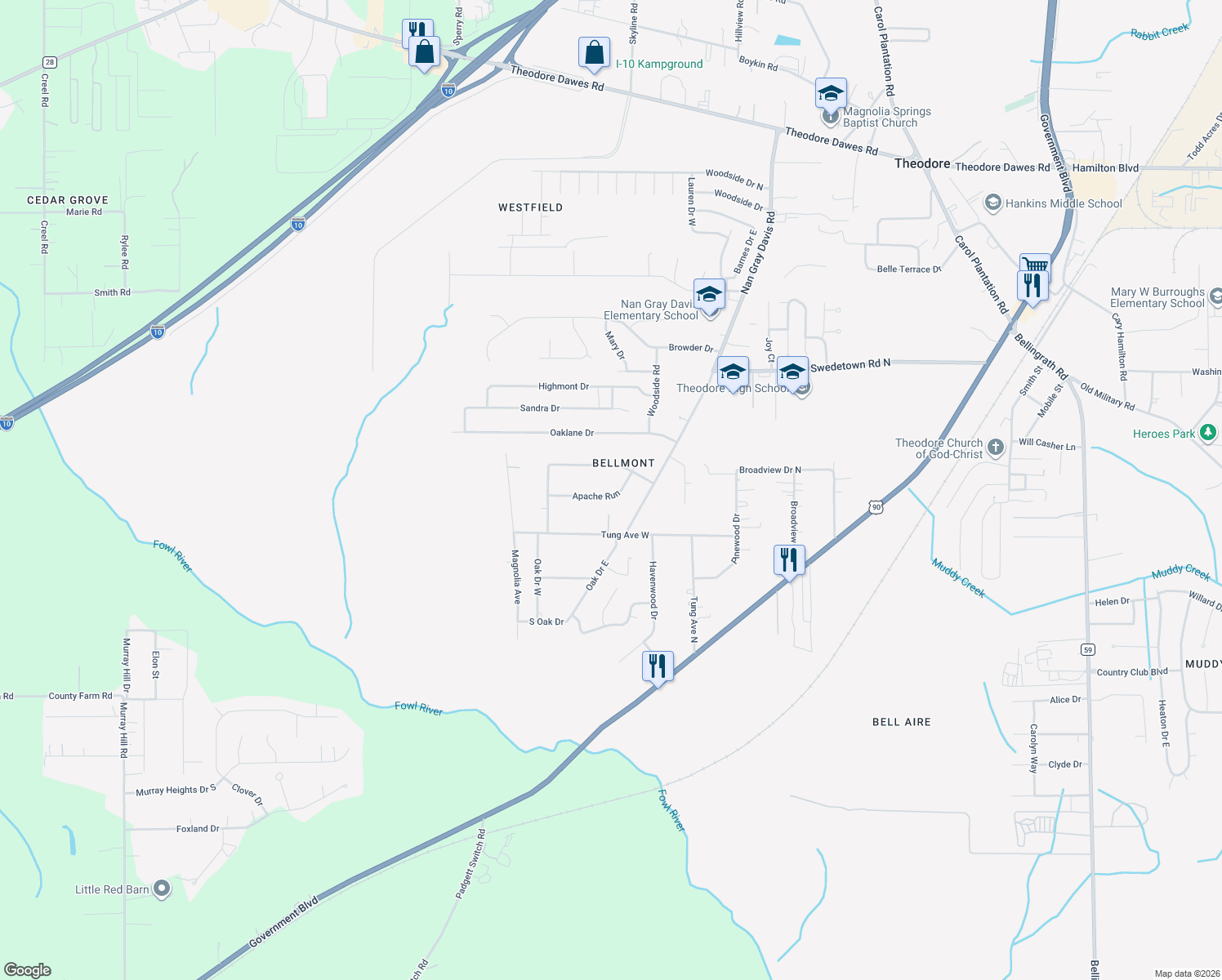 map of restaurants, bars, coffee shops, grocery stores, and more near 6580 Apache Run in Theodore
