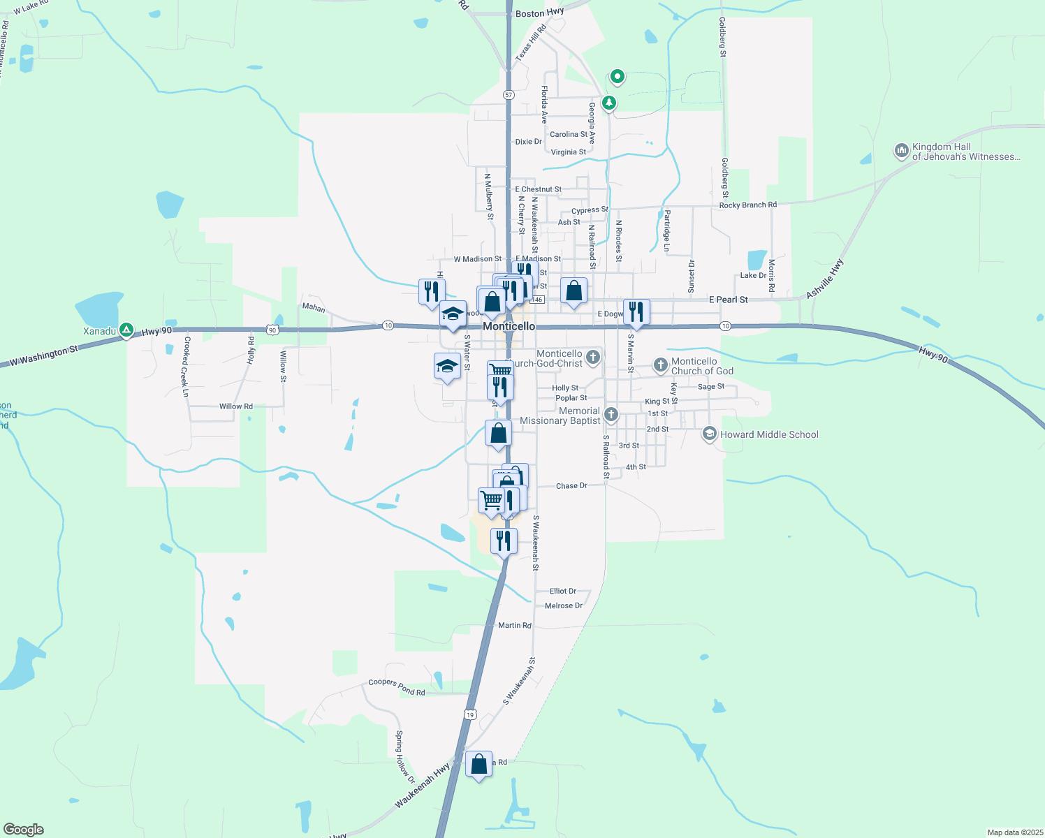 map of restaurants, bars, coffee shops, grocery stores, and more near East Anderson Street in Monticello