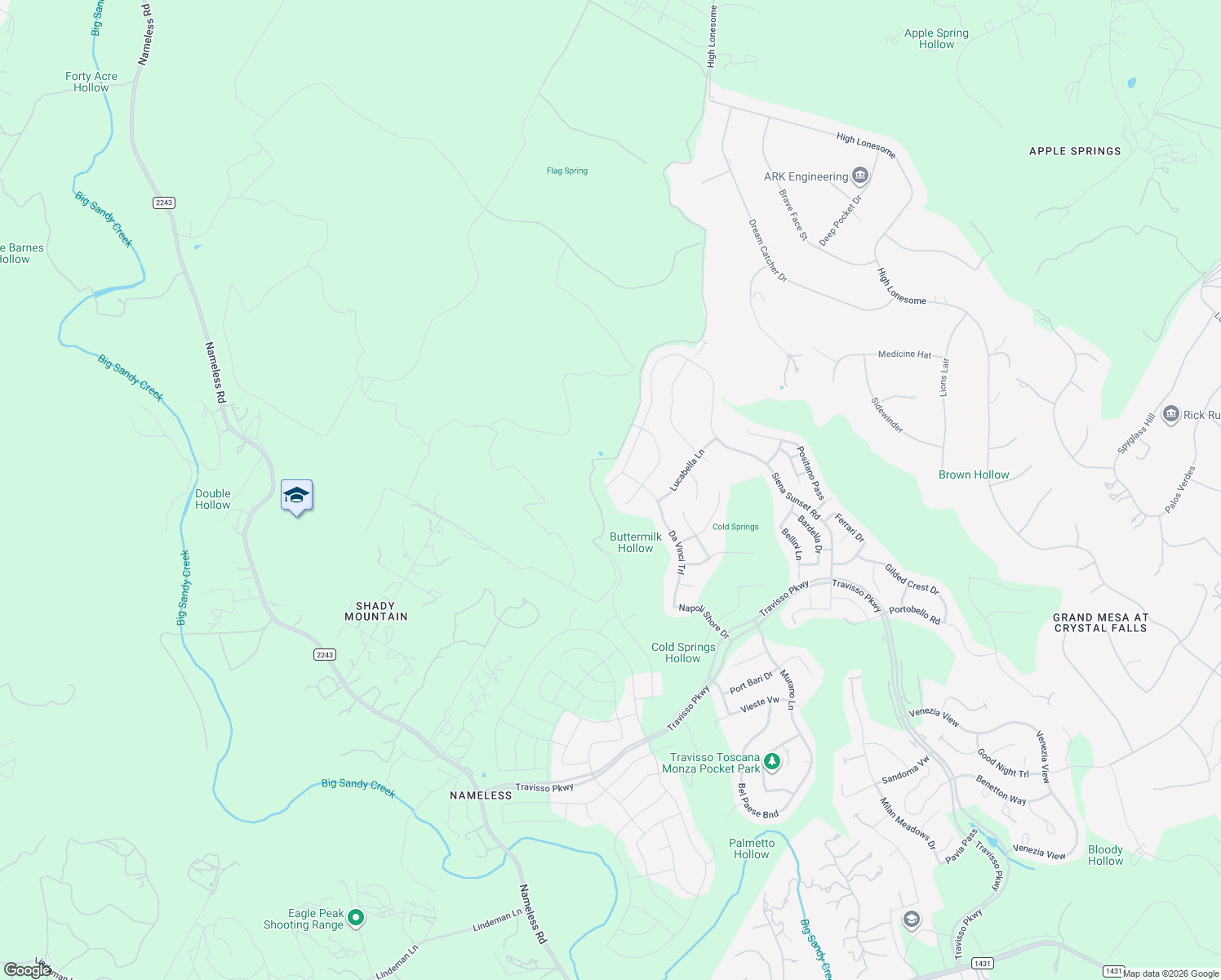 map of restaurants, bars, coffee shops, grocery stores, and more near Nameless Ranch Road in Leander