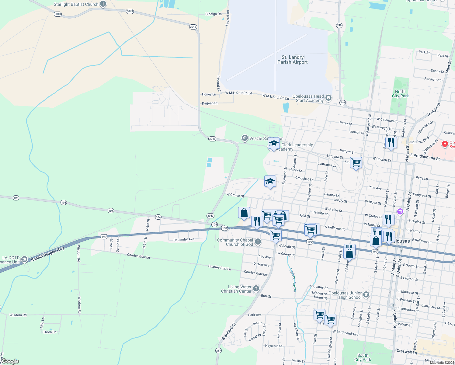 map of restaurants, bars, coffee shops, grocery stores, and more near Louisiana 3043 in Opelousas
