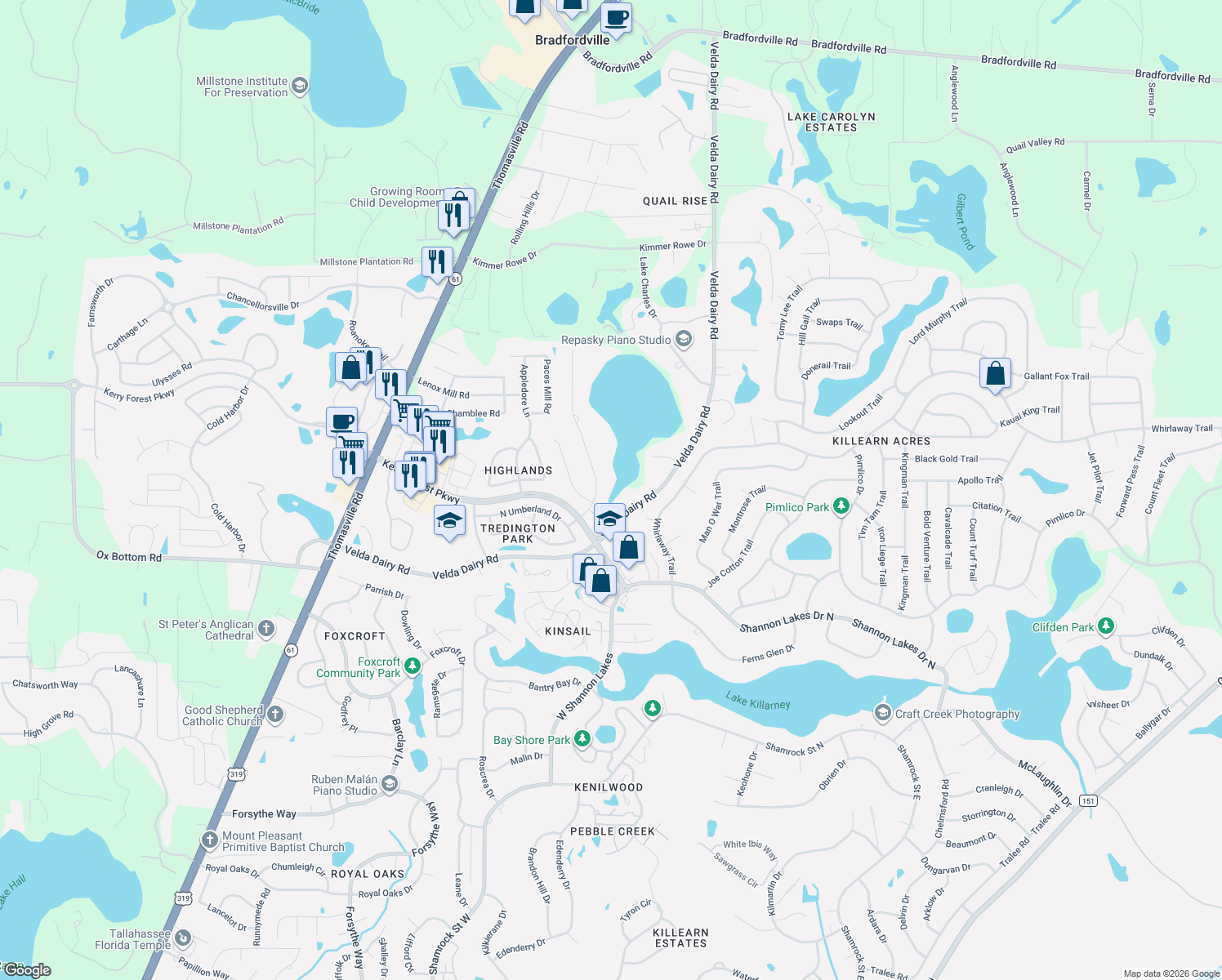 map of restaurants, bars, coffee shops, grocery stores, and more near 5351 Pembridge Place in Tallahassee