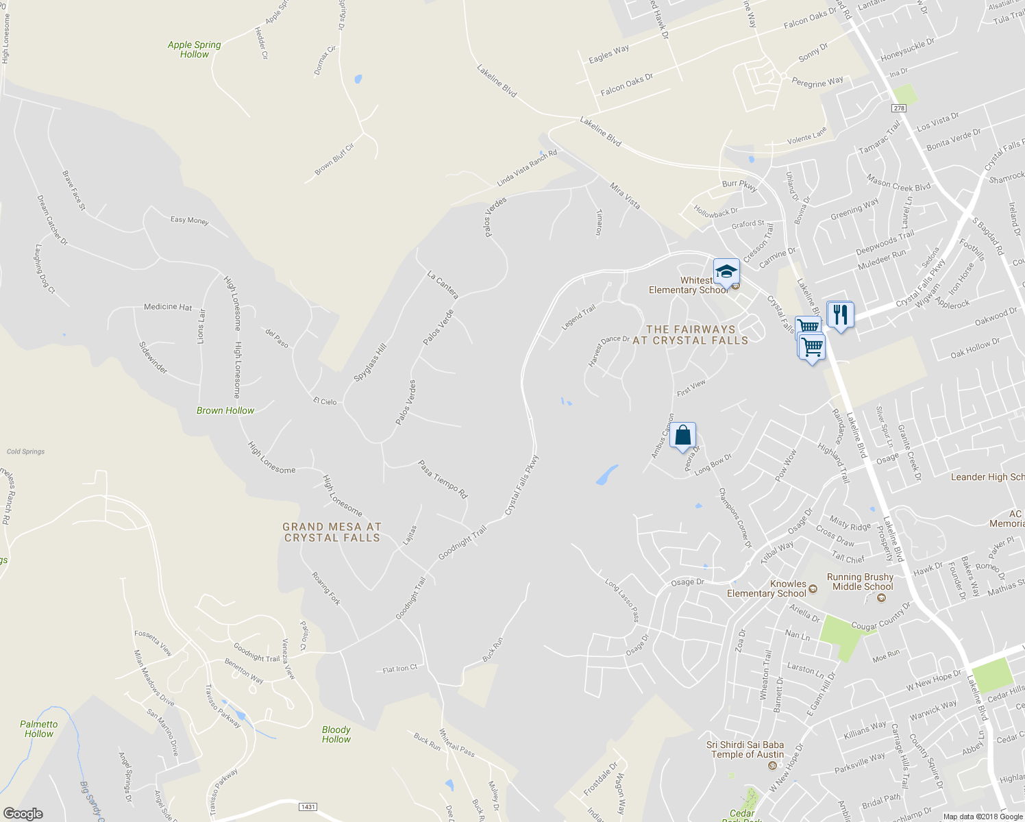 map of restaurants, bars, coffee shops, grocery stores, and more near 3105 Crystal Falls Parkway in Leander