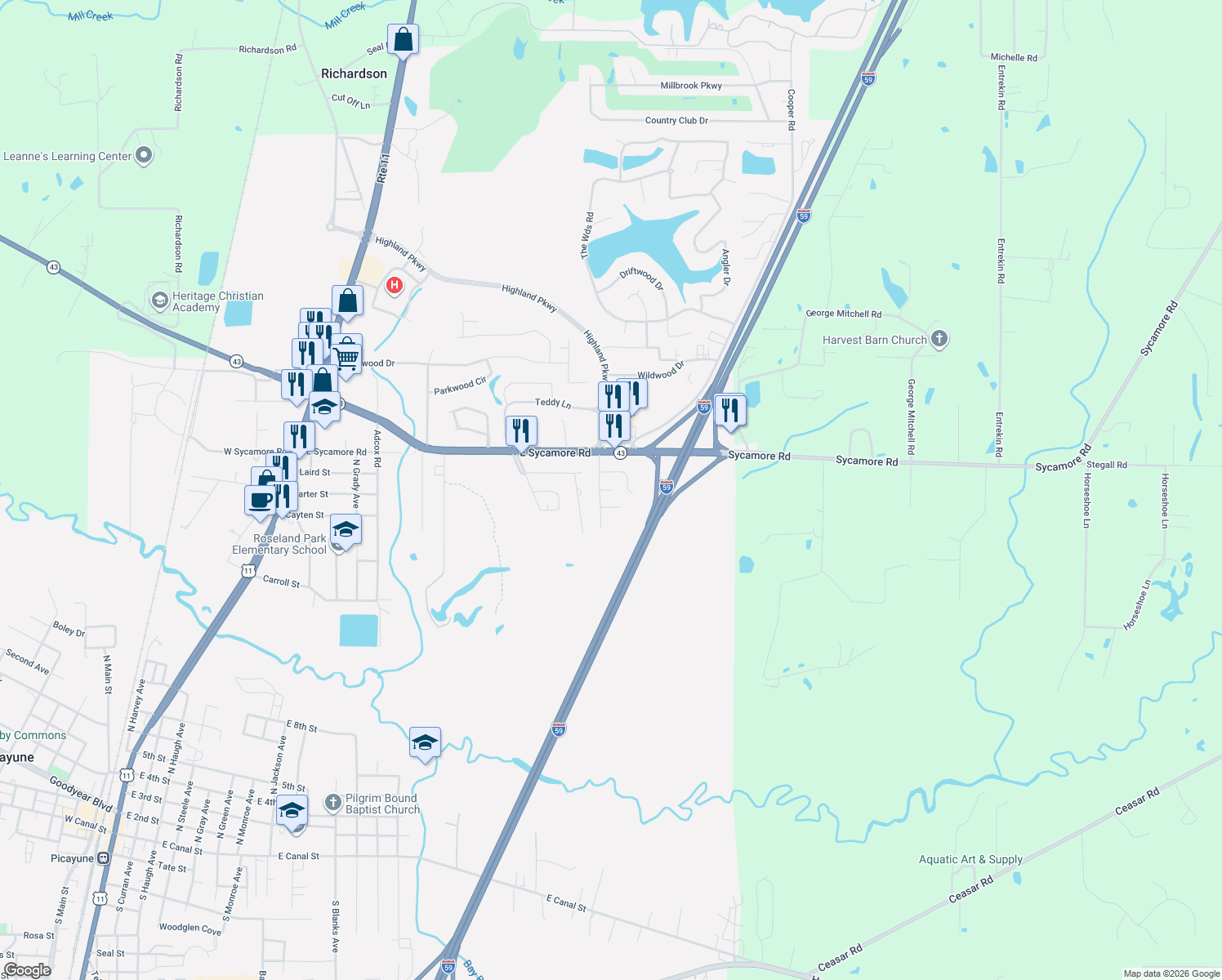 map of restaurants, bars, coffee shops, grocery stores, and more near 1499 Chateau Cove in Picayune