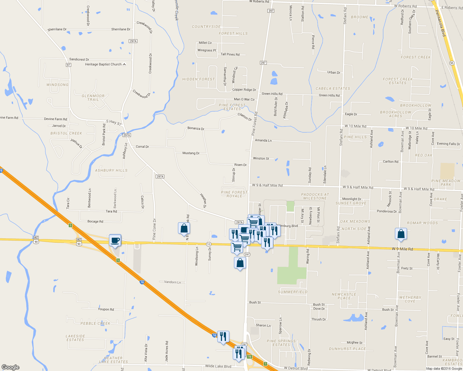 map of restaurants, bars, coffee shops, grocery stores, and more near 2300 Trailwood Dr in Cantonment