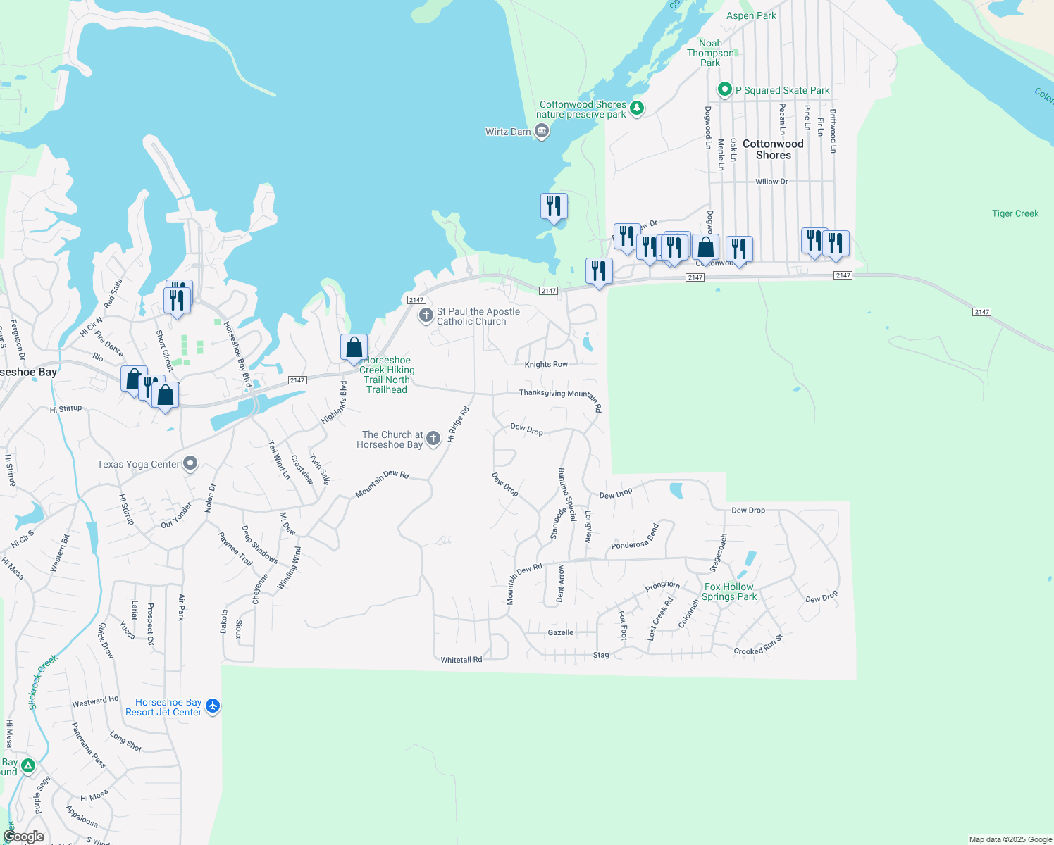 map of restaurants, bars, coffee shops, grocery stores, and more near 1300 Dew Drop in Horseshoe Bay
