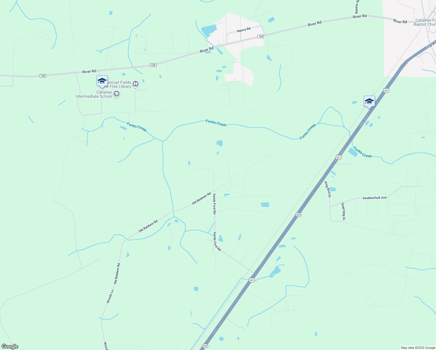 map of restaurants, bars, coffee shops, grocery stores, and more near 441030 Sandy Ford Road in Callahan