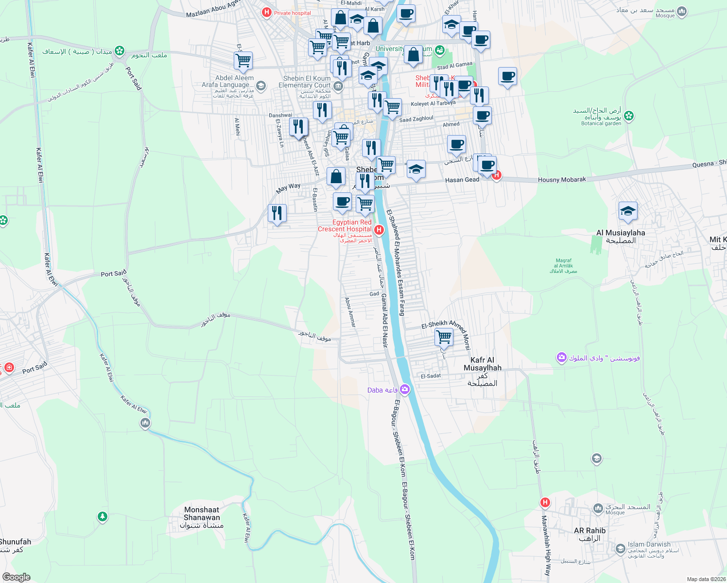 map of restaurants, bars, coffee shops, grocery stores, and more near Building in Shebeen El-Kom